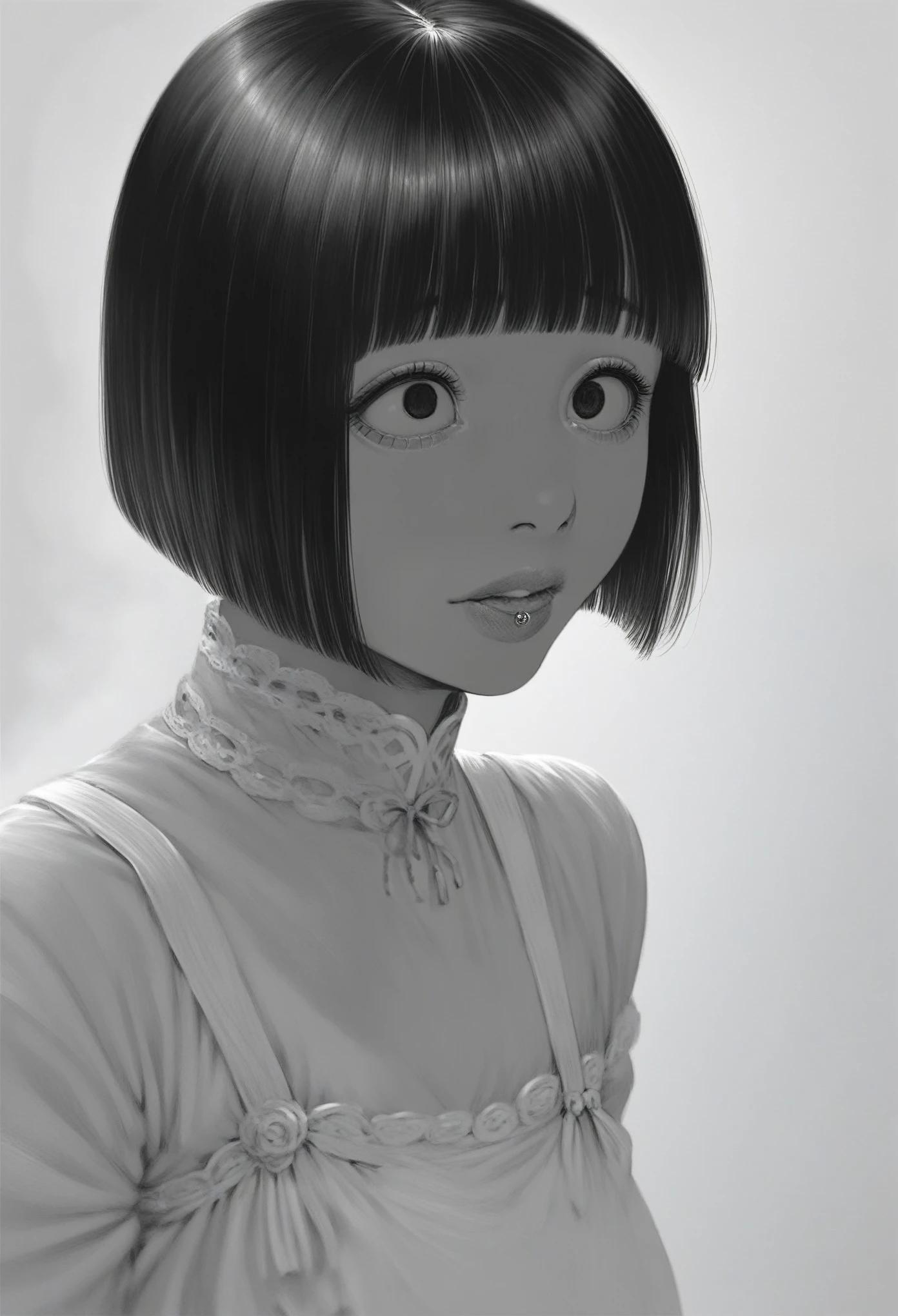 score_9, Score_8_up, Score_7,detailed, manga art, hirune style, crosshatching, hatching texture, 1girl, monochrome,lip ring, small eye bags, asian, blunt bangs, bob cut, black hair, black eyes, narrow eyes, black skater dress 