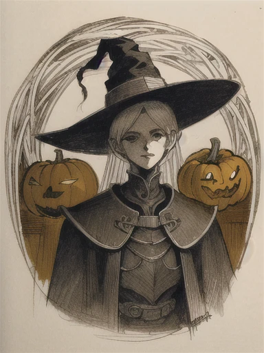 (masterpiece, highest quality, very detailed: 1.5), black and white, ((sepia)), ((pencil drawing)), medieval europe, art nouveau, western art, ((Scarecrow)), pumpkin head, Halloween, ghost,((Jack-o’-Lantern))