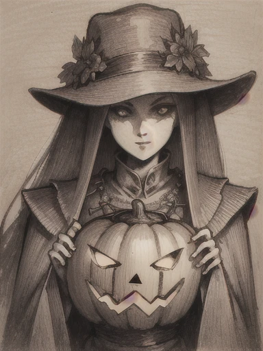 (masterpiece, highest quality, very detailed: 1.5), black and white, ((sepia)), ((pencil drawing)), medieval europe, art nouveau, western art, ((Scarecrow)), pumpkin head,ghost,((Jack-o’-Lantern)),gothic horror,The Nightmare Before Christmas