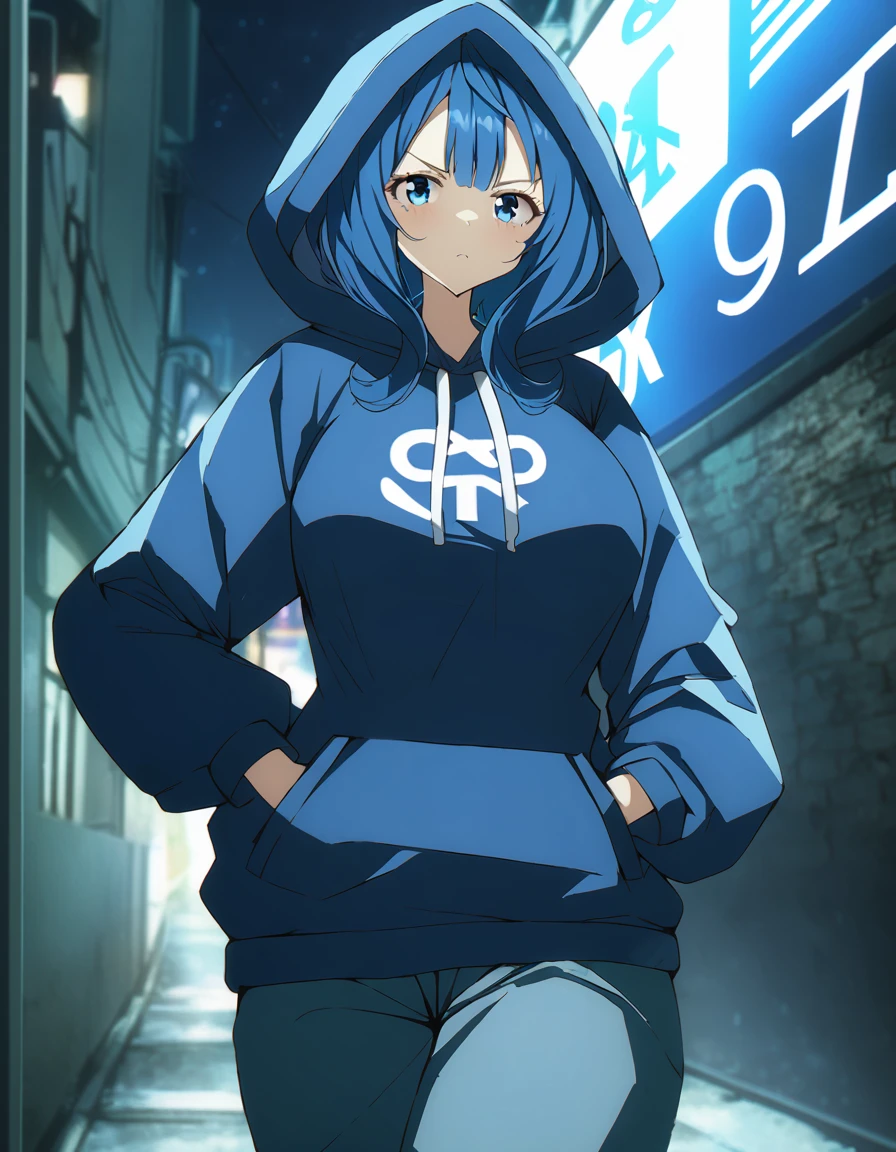 Score_9, Score_8_up, Score_7_up, source_anime, annayanami, annayanami, blue eyes, large breasts, Serious expression, dark blue hoodie, over size hoodie, put on hood, long pants, put hands in pocket, night, street, solo, best quality, ultra-detailed, high resolution, 8K, 