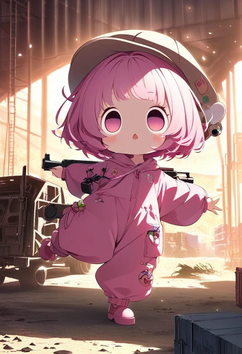 kawaii chibi character girl, cartwheeling in the air with a pink Uzi, pink bob haircut, cute big round eyes, wearing baggy pink jumpsuit, baggy hat, background wilderness, rusty freight cars, conceptual installation art, delicate and dynamic textures, contrasts of light and shadow, digital graphic CG, BREAK ultra detailed, absolutely resolution, best quality