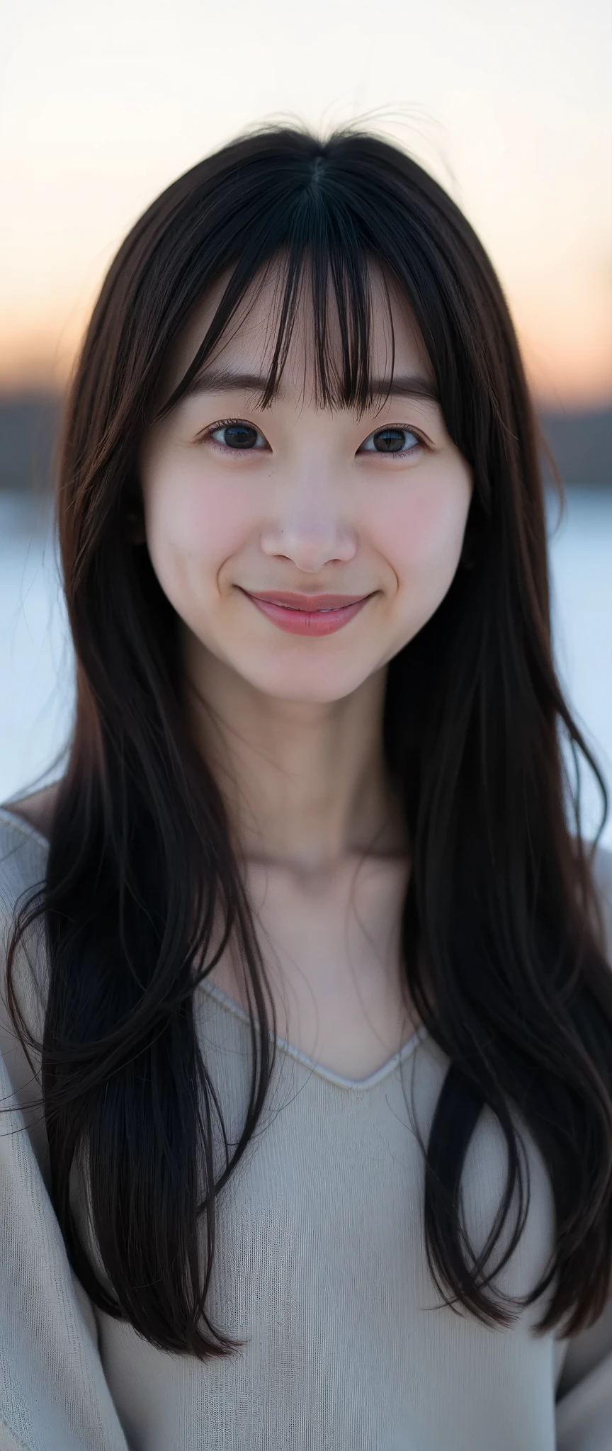 Photograph of A portrait of a east-asian girl with straight, long hair, The image should be realistic and photo-like, capturing her in a natural pose.grinning. in the crisp early morning. utilizing cool, diffused light after sunset. shot on Nikon F. using cool tones