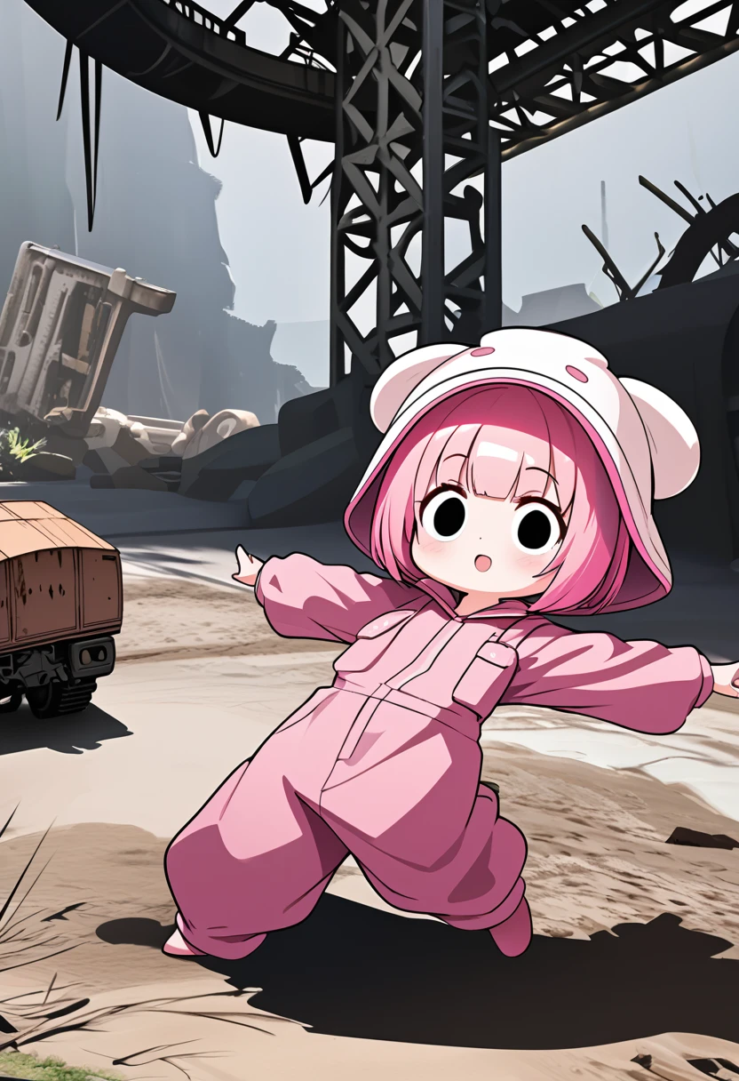 kawaii chibi character girl, cartwheeling in the air with a pink Uzi, pink bob haircut, cute big round eyes, wearing baggy pink jumpsuit, baggy hat, background wilderness, rusty freight cars, conceptual installation art, delicate and dynamic textures, contrasts of light and shadow, digital graphic CG, BREAK ultra detailed, absolutely resolution, best quality