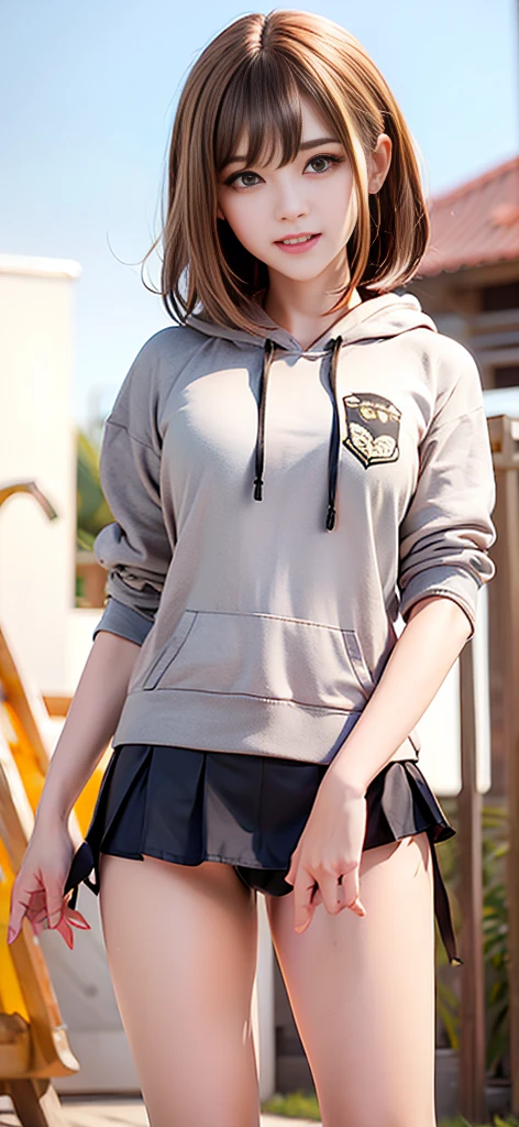 One beautiful girl, (Cropped hoodie, Red pleated micro mini skirt:1.3), (Grey hoodie:1.3), break, (Park playground equipment background), break, Shy laugh, baby face, Very beautiful eyes, (Symmetrical eyes:1.3), break, Brown eyes、Straight nose, Parted bangs, Brown Bob Cut:1.3, Round face, cute, break, (Eyes and face detailed:1.0), Shoot from below:1.3, pussy line, Camel Toe, Looking into the camera, masterpiece, RAW Photos, Realistic, cute people々, detailed boundary, High resolution, Very detailedな, detailed, Very detailed, Very detailed, Sharp Eye, Cinema Lighting, whole body