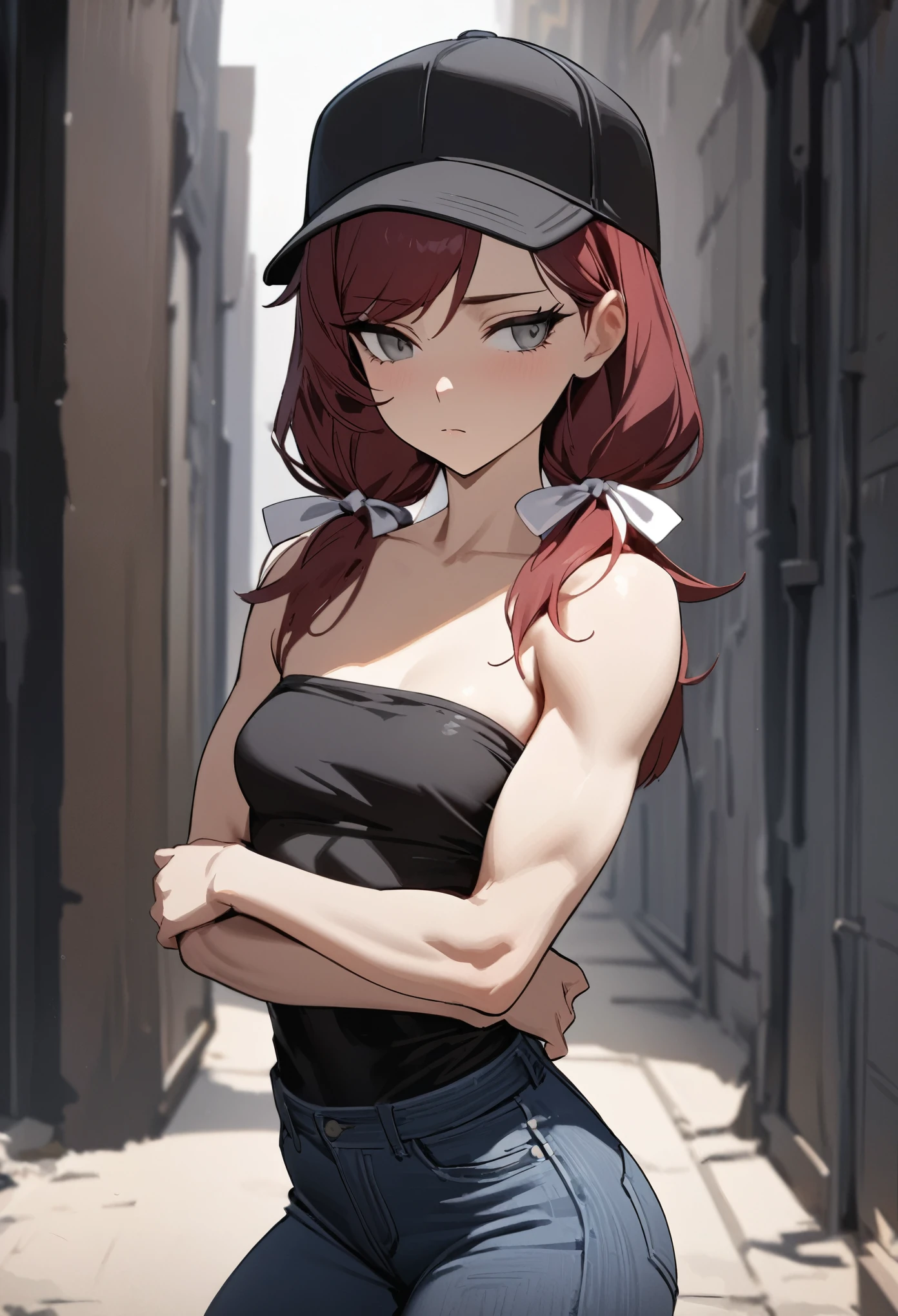 Anime girl with red hair and a black top posing for a picture - SeaArt AI