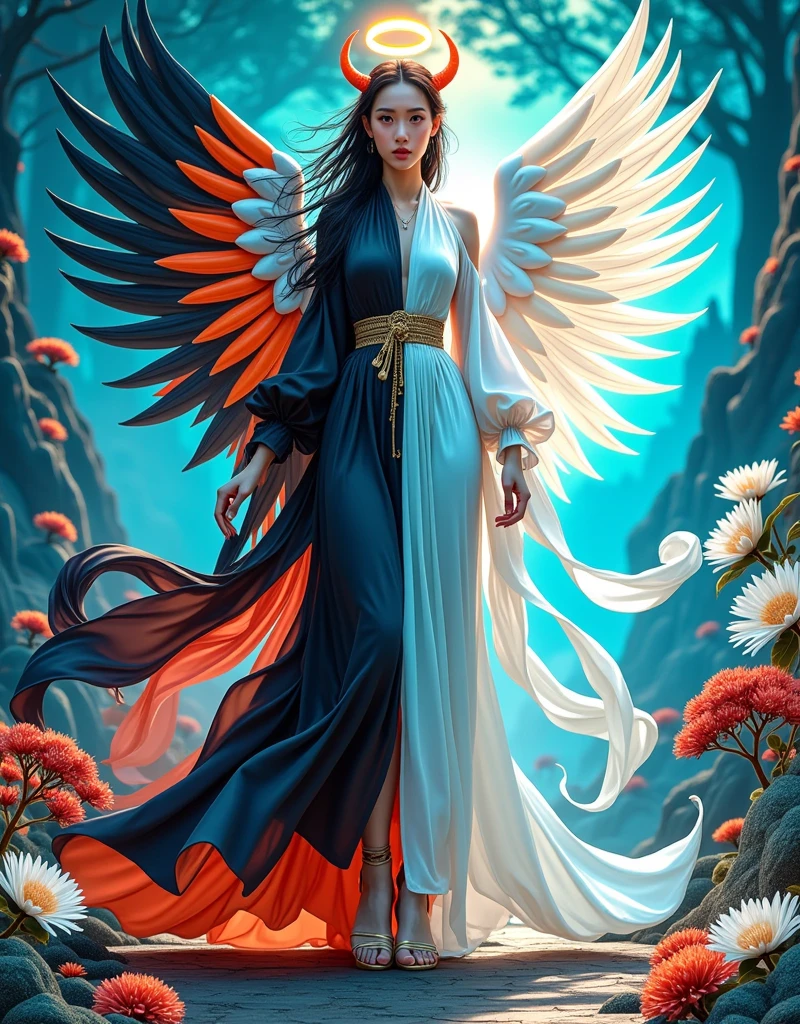 chinese girl, "A single ethereal figure split down the middle in a symmetrical composition, with one half embodying a devilish persona characterized by horns and a tail, set against a dark, misty forest backdrop with red flowers and hellish elements like embers and shadows. The other half of the figure radiates an angelic presence with a halo and wings, complemented by a bright, serene environment filled with white flowers, soft clouds, and a rainbow. The two halves merge seamlessly at the center, creating a harmonious blend of light and darkness, good and evil. The figure's expression on the devilish side is enigmatic and intense, while the angelic side displays a benevolent and tranquil demeanor. The attire flows from dark, flowing fabrics on the left to light, airy garments on the right, with a gradient of colors symbolizing the transition from one realm to another,1girl