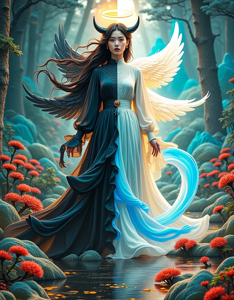 chinese girl, "A single ethereal figure split down the middle in a symmetrical composition, with one half embodying a devilish persona characterized by horns and a tail, set against a dark, misty forest backdrop with red flowers and hellish elements like embers and shadows. The other half of the figure radiates an angelic presence with a halo and wings, complemented by a bright, serene environment filled with white flowers, soft clouds, and a rainbow. The two halves merge seamlessly at the center, creating a harmonious blend of light and darkness, good and evil. The figure's expression on the devilish side is enigmatic and intense, while the angelic side displays a benevolent and tranquil demeanor. The attire flows from dark, flowing fabrics on the left to light, airy garments on the right, with a gradient of colors symbolizing the transition from one realm to another,1girl