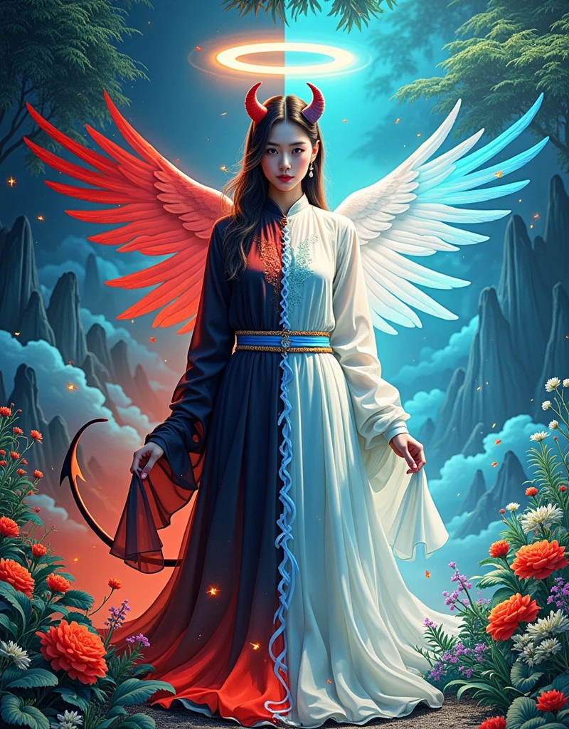 chinese girl, "A single ethereal figure split down the middle in a symmetrical composition, with one half embodying a devilish persona characterized by horns and a tail, set against a dark, misty forest backdrop with red flowers and hellish elements like embers and shadows. The other half of the figure radiates an angelic presence with a halo and wings, complemented by a bright, serene environment filled with white flowers, soft clouds, and a rainbow. The two halves merge seamlessly at the center, creating a harmonious blend of light and darkness, good and evil. The figure's expression on the devilish side is enigmatic and intense, while the angelic side displays a benevolent and tranquil demeanor. The attire flows from dark, flowing fabrics on the left to light, airy garments on the right, with a gradient of colors symbolizing the transition from one realm to another,1girl