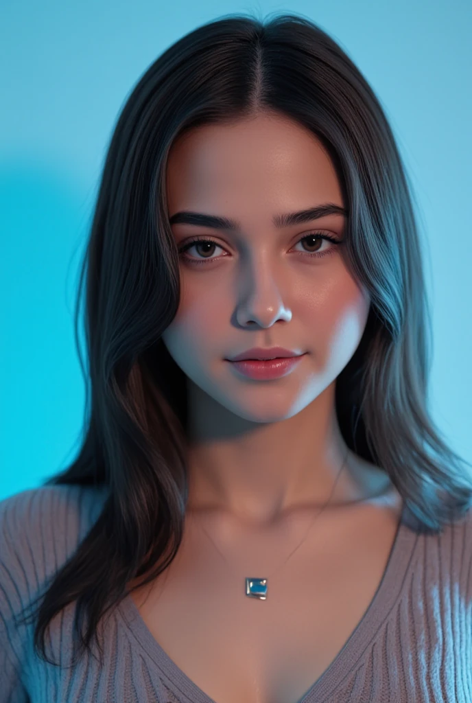 A masterpiece of digital art, rendered in stunning 4K resolution, features a breathtakingly beautiful girl posing serenely. Her face glows with a subtle sheen, her eyes sparkling like polished gemstones. She wears a fitted sweater that hugs her curves, the intricate folds and texture meticulously detailed. A delicate necklace adorns her neck, its facets catching the dramatic lighting, which casts a warm glow on her porcelain skin. The background is a soft, gradient blue, subtly blending into the edges of the frame. Every aspect of this artwork exudes ultra-detailed realism, with vibrant colors that seem to leap off the screen.