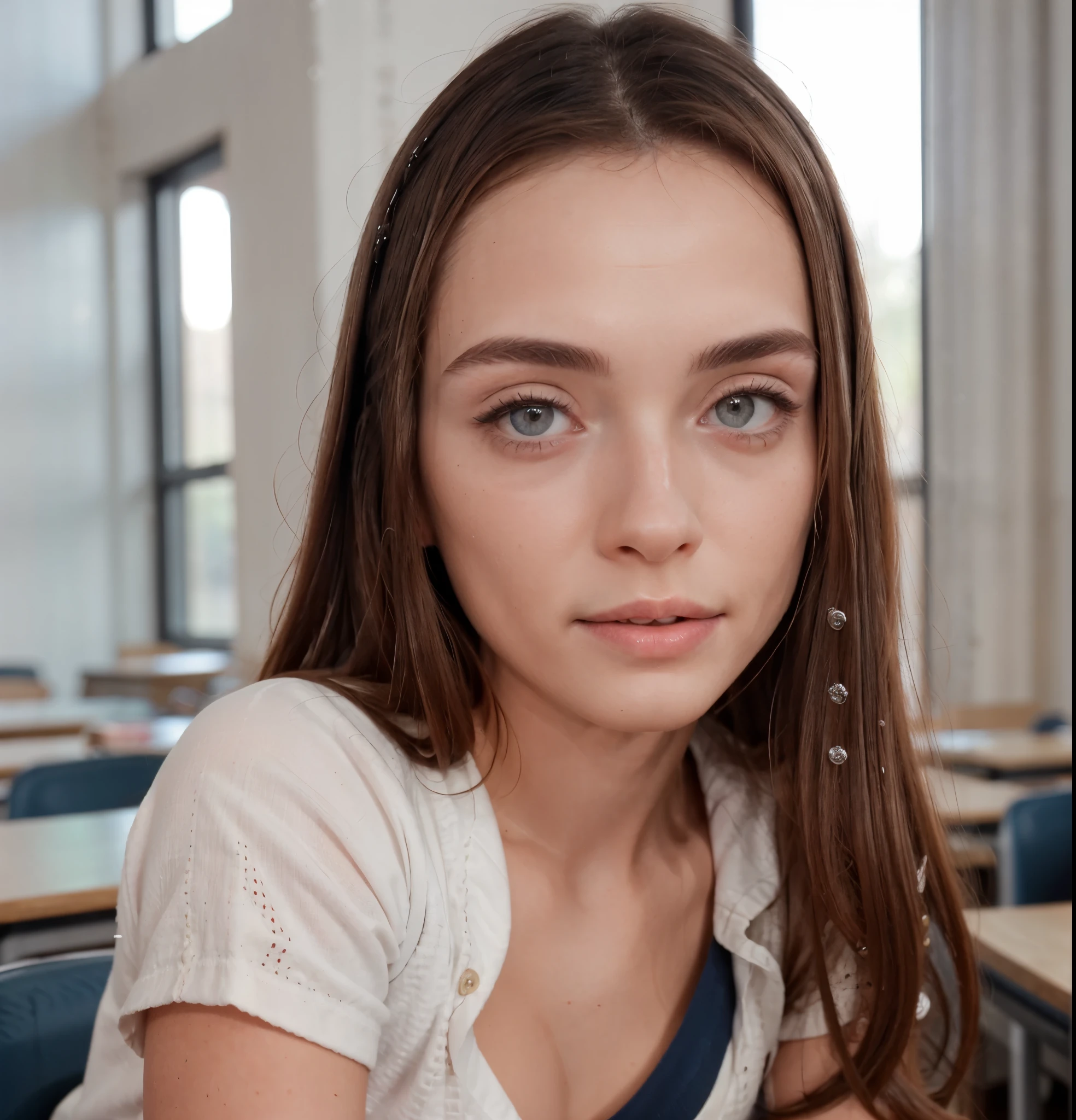 RAW photo, (a portrait photo of a woman: 1.2), ((in university classroom: 1.1)), (highly detailed skin: 1.1), detailed eyes, 8k uhd, dslr, soft lighting, best quality, , Beautiful. school uniform, shirt, pleated miniskirt, tights, casual clothing. model legs, (High Class: 1.4) (photo realistic: 1.4), (realistic: 1.3), (best quality real textured skin: 1.4), (increase skin texture beauty: 1.1), graphics ULTRA, real skin: 1.2, bright pupils, tall woman, extremely detailed, realistic size eyes.. Girl SPORT. models,  