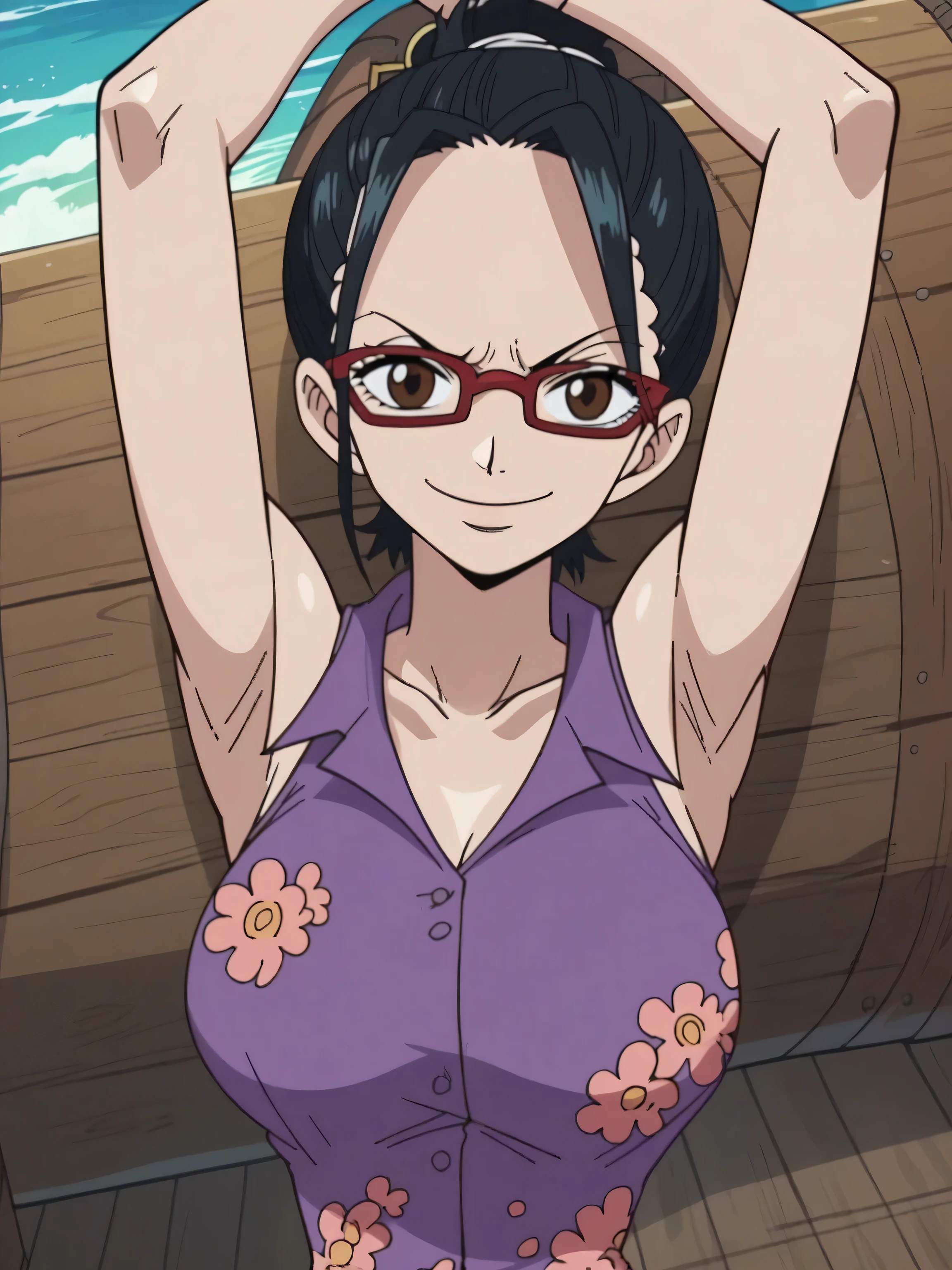 score_9, score_8_up, score_7_up, source_anime, anime screencap, one_piece_style, outdoors, day, ocean, on a pirate ship, 1girl, solo, tashigiSDXL, , brown eyes, black hair, glasses, sleeveless shirt, purple shirt, floral print, sleeveless, collarbone, looking at viewer, head towards viewer, arms behind head, armpits, smile, closed mouth, confident 
