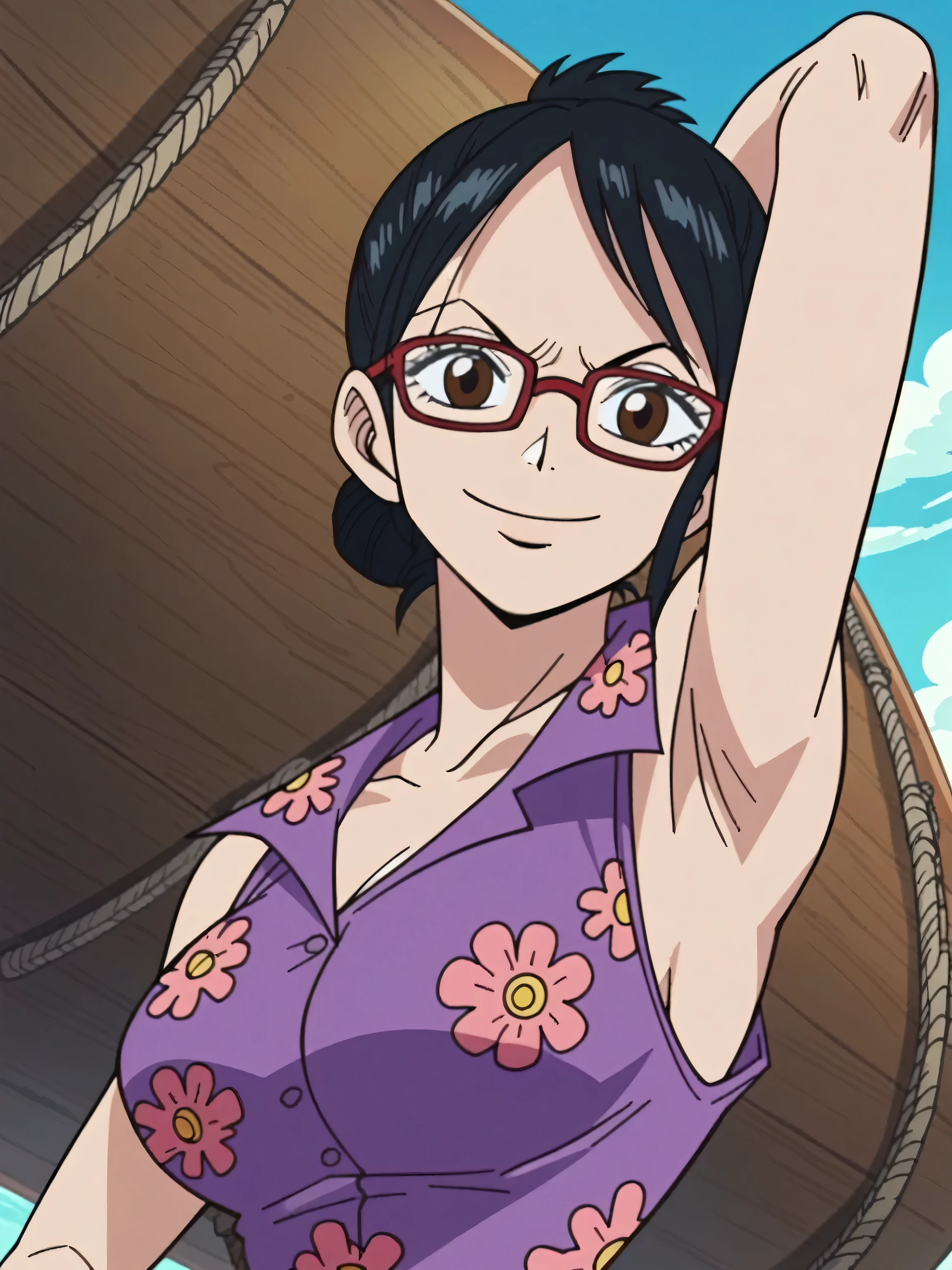 score_9, score_8_up, score_7_up, source_anime, anime screencap, one_piece_style, outdoors, day, ocean, on a pirate ship, 1girl, solo, tashigiSDXL, , brown eyes, black hair, glasses, sleeveless shirt, purple shirt, floral print, sleeveless, collarbone, looking at viewer, head towards viewer, arms behind head, armpits, smile, closed mouth, confident 