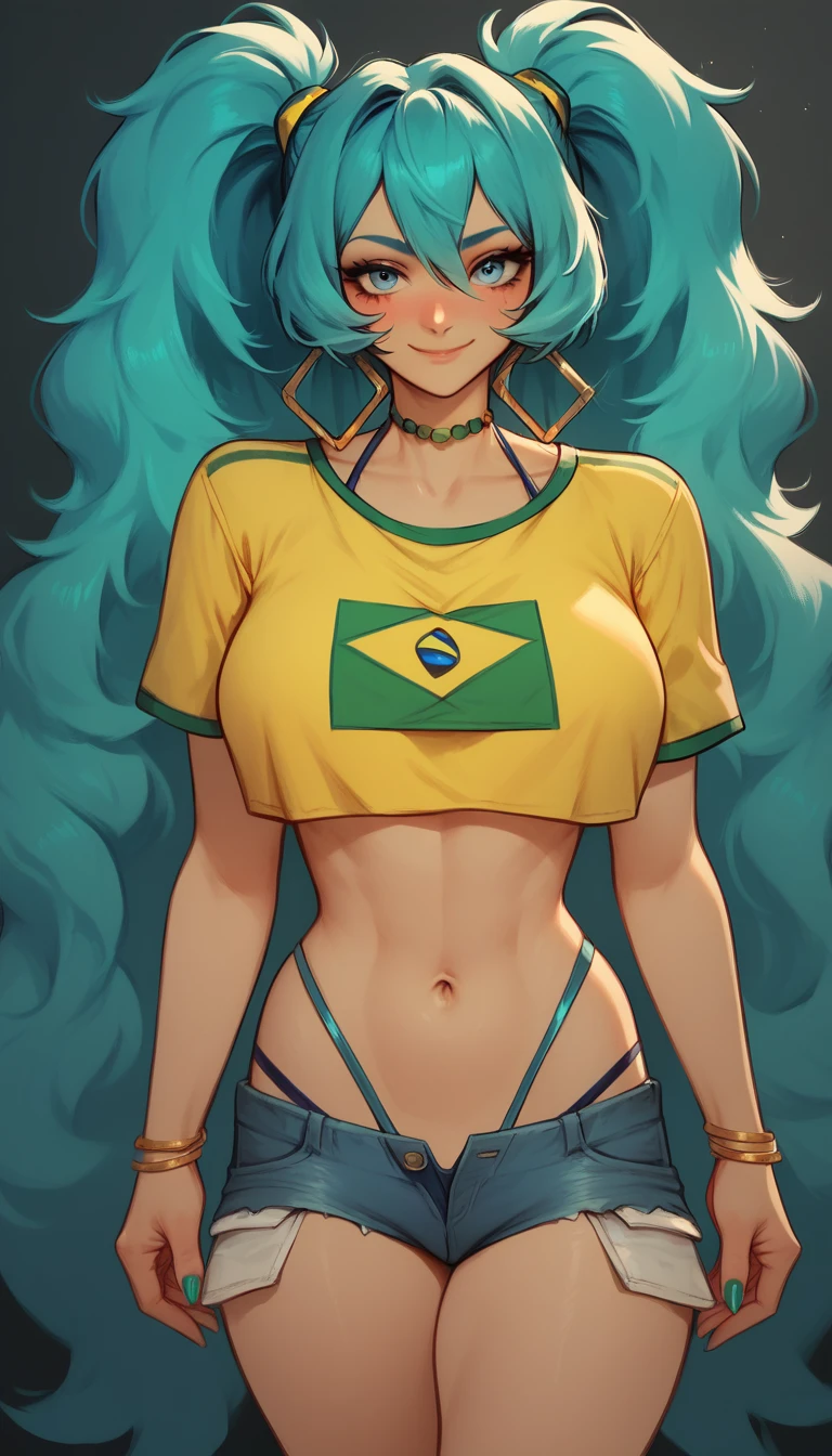 Sexy brazilian miku, Yellow Top, Sheer Top, Big Breasts, Prostitute, Used Contempt In Hands, Long Hair, Two Ponytails, Sea Aqua Hair, Blush Face, Playful Face, Smiling, Short Denim Shorts, Visible Thong, No Bra, Masterpiece, Best Quality, Looks at the Looks at the viewer, Blue eyes, Closed mouth, 
