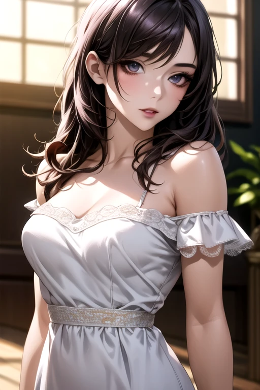 Beautiful young woman、Off-the-shoulder dress、Long black hair、Smooth Skin、Big Eyes、Long eyelashes、Pale pink lips、Natural Makeup、Soft look、Graceful posture、Slim fit、White dress with bare shoulders、Delicate lace pattern、A fluffy skirt、Rose Accessories、Twilight Light、Bokeh effect、High resolution、Photorealistic textures、8K Rendering、Accurate depiction down to the smallest detail