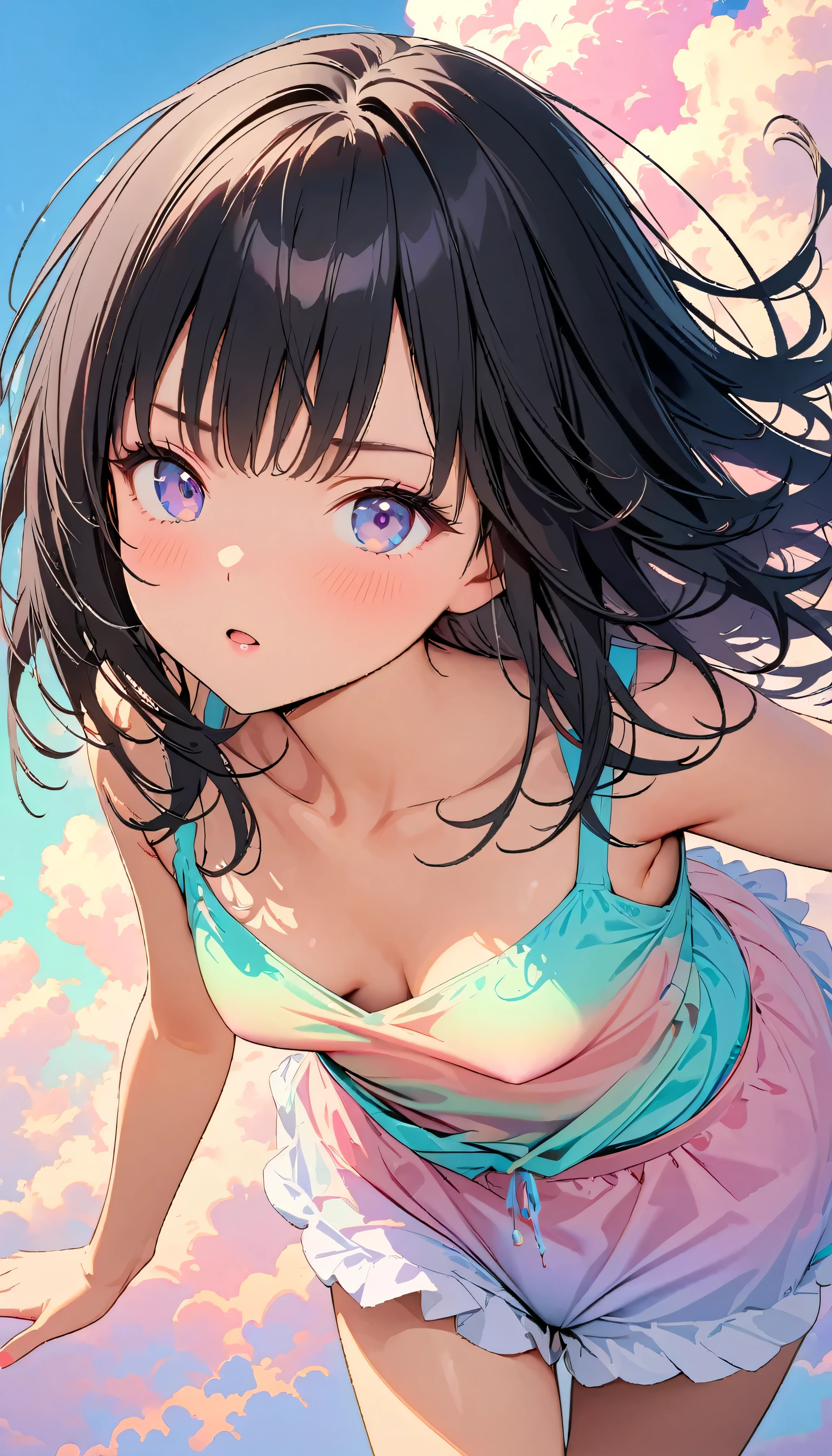 Best Quality, Very detailed, High resolution, Vibrant, masterpiece, Best Quality, Best aesthetics, One Woman, Super Fine, 8k, Very detailed, Beautiful Goddess, Pastel colored clouds, Pop Art, Delicate and dynamic, Pastel Color Fantasy, Black Hair, young, Small breasts, Official Art, Dynamic Angle