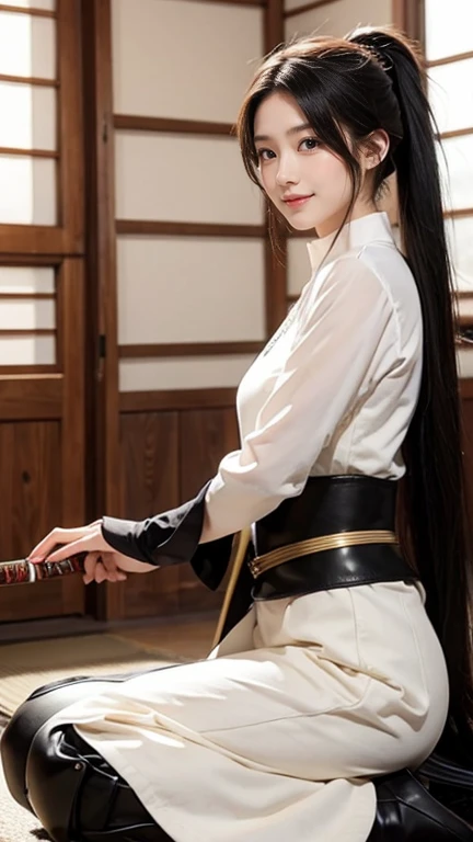 full body display、Swordswoman、Age 35、Thirty-five years old、Cute face、A peerless beauty、Japanese、Mysterious look、smile、Fearless smile、Long Black Hair、ponytail、The front hair is hanging down、The upper body is wearing armor、Shoot Pants、Warrior Outfit、Holding a Japanese sword、Equipped with a Japanese sword、Bushy-haired person、Realistically、The background is medieval European style.、