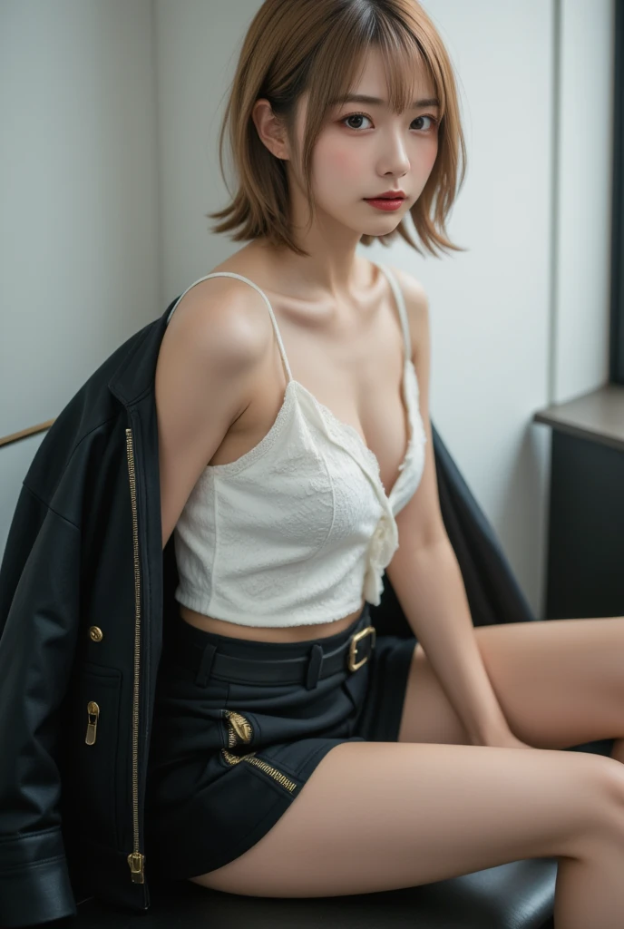 1girl, Alone、gal ,medium breasts,messy hair、Blonde,brown eye, (white blouse with lace,buckle suspension short skirt, zip side combat boots, black tie_ribbon,Red eyeshadow),woman(cute(とってもcute、Business Fashion):1.3)、skin(white、青whiteい、、Silky、Gross)、(Cheerful smile:1.3)、Costume(pink(frills)one piece)、Corners of the Eyes\(pinkネイビーイエロー:1.3 \)、(Narrow eyes)、非常にcuteポーズ、(Chest:1.3)、開いたChestの谷間、Many accessories\)、大きな金のボタンが付いたGrossのある黒のジャケット、Black tights、Wearing black boots。Sit with your knees up、Looking down、Sharp Eye、青whiteくて滑らかなskin、Indoor Settings、Neutral Background、Soft and even lighting、Concentrated, Meditative atmosphere、Side view、Shallow depth of field、Crisp details、Balanced Exposure。
、masterpiece, Best Quality, figure, Super detailed, The finer details, High resolution, 8k,wallpaper, 完璧なダイナミックな構figure,(Realistic depiction of eyes:1.3)、street