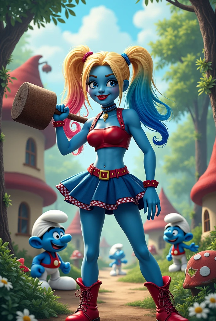Harley Quinn nude squatting in the pose with her legs open, mostrando a vagina, pernas perfeitas, pernas lindas, pernas abertas, vagina detalhada, seios small, a rubber horse dildo on the floor and her sitting on it to satisfy herself.