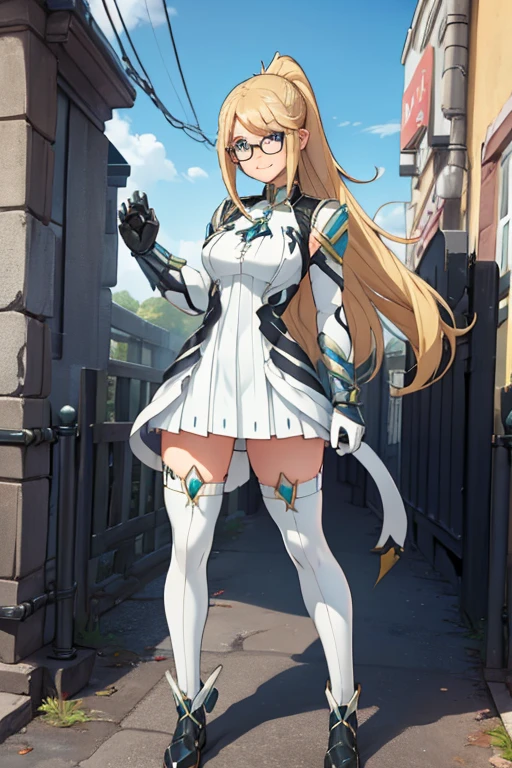 female, blonde long hair in ponytail, blue eyes, (((1girl))), (((white dress))), (black thigh socks), (black knee high boots), (metal arm guards), (glasses), cute and sexy, full body, modest breasts, long legs, smiling