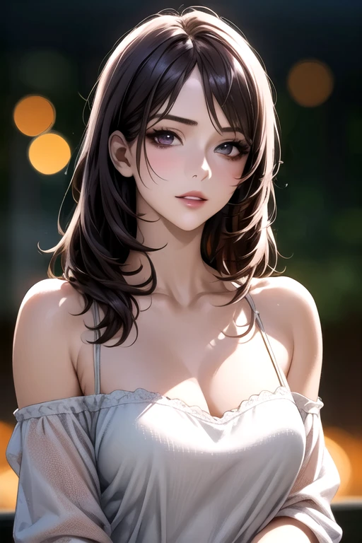 Beautiful young woman、Off-the-shoulder dress、Long black hair、Smooth Skin、Big Eyes、Long eyelashes、Pale pink lips、Natural Makeup、Soft look、Graceful posture、Slim fit、Clothes that expose the shoulders:1.6、Twilight Light、Bokeh effect、High resolution、Photorealistic textures、8K Rendering、Accurate depiction down to the smallest detail