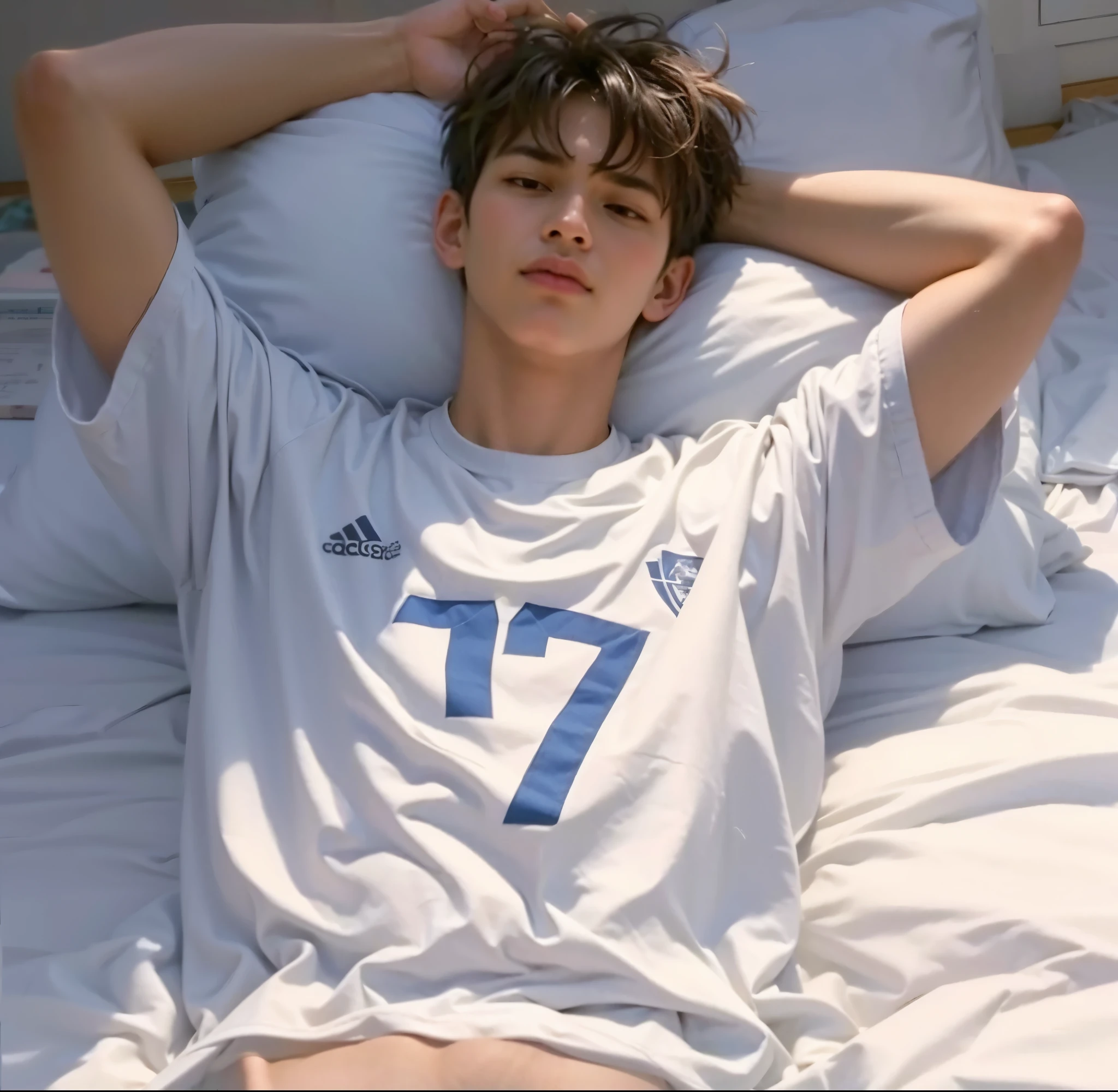 There's a boy holding an orange pillow in a sling, durante o nascer do sol, Where is the, um bonito, imagem de qualidade muito baixa, inspirado em Abidin Dino, carregando saco grande, foto do perfil, Riyahd Cassiem, coberto com cobertor, Vastayan, Ruan Vtuber Fofo, menino bonito, morning sunrise, Arham Horror, com rosto preciso, Cabelo Laranja Estilo Anime, curto, Camisa Verde