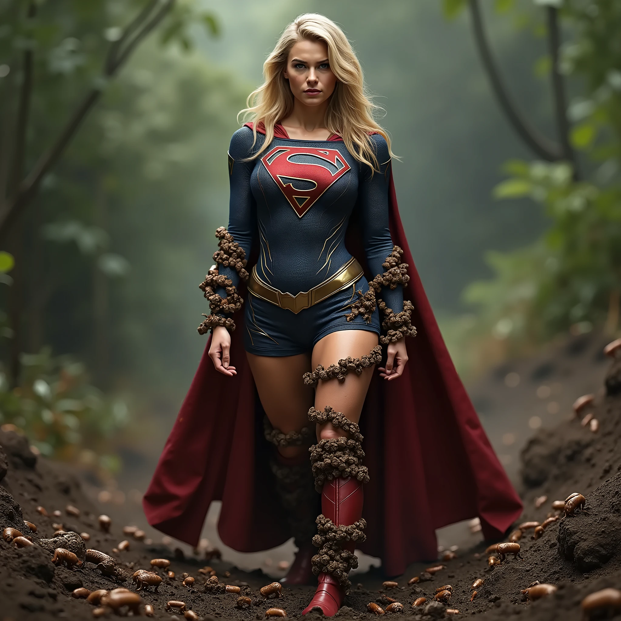 A beautiful woman Gaia Weiss under the mantle of the Kryptonian Kara Zor-El aka Supergirl long blonde hair on her knees screaming exhausted after a battle blood around her blue corset with Superman emblem Man Of Steel Movie red cape red leather pants red boots with white trim reflection of her in the blood rats and skulls terrifying and bloody images Dc universe logo red cape