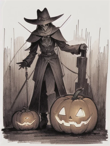 (masterpiece, highest quality, very detailed: 1.5), black and white, ((sepia)), ((pencil drawing)), medieval europe, art nouveau, western art, ((Scarecrow)),ghost,((Jack-o’-Lantern)),gothic horror,The Nightmare Before Christmas,full body