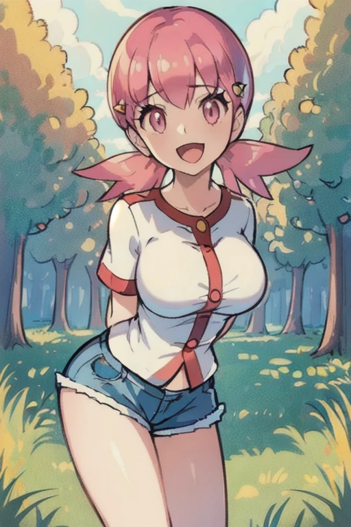 score_9, score_8_up, score_8, 1girl, whitney, pink hair, pokemon, denim cutoffs, thighs, cowboy shot, smile, open shirt, tied shirt, exposed breasts, smile, , ,score_7_up,score_6_up,masterpiece, ,cartoon,large breasts, , 