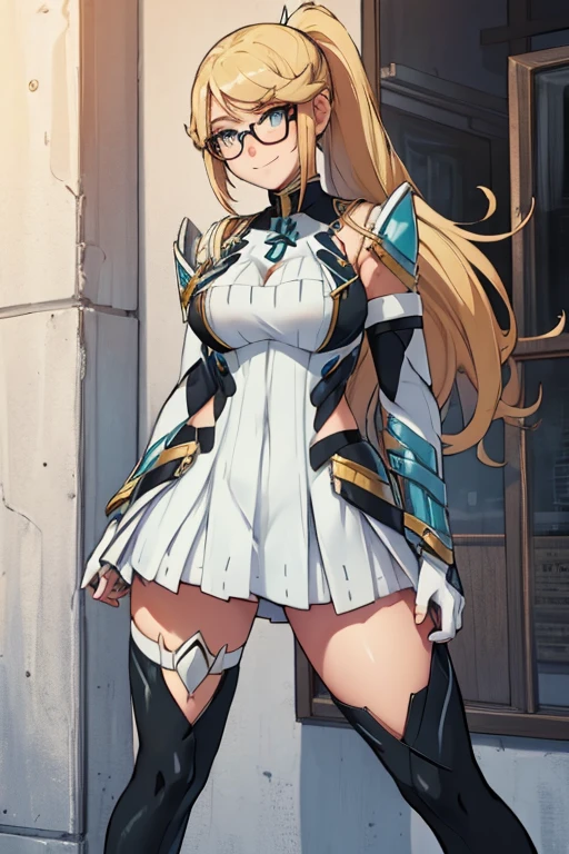 female, blonde long hair in ponytail, blue eyes, (((1girl))), (((white dress))), (black thigh socks), (black knee high boots), (metal arm guards), (glasses), (black belt), cute and sexy, full body, modest breasts, long legs, smiling