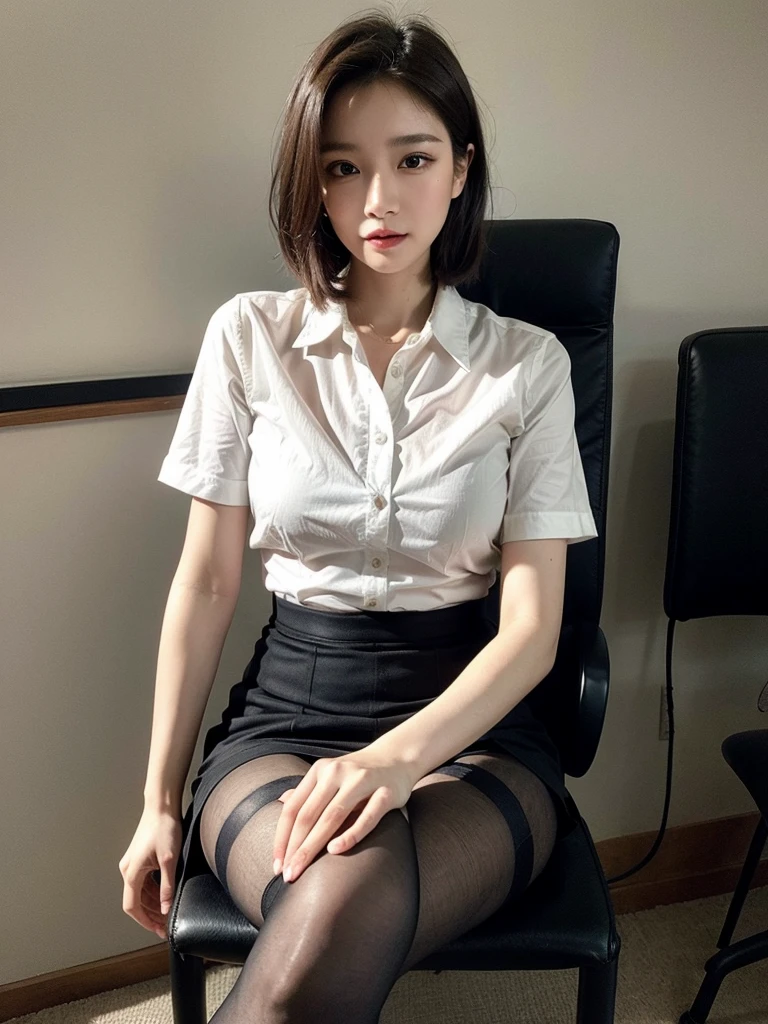 Show entire body feet in view, 18y.o. slim, Asian female, glasses, freckles, cute smile, wearing pencil skirt outfit, pantyhose, no shoes, sitting on floor, fitting room selfie, upskirt,