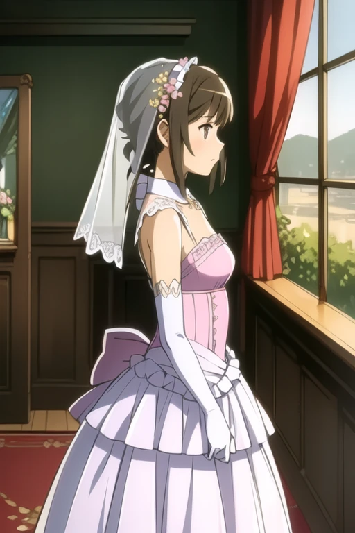 (1girl in, hight resolution,, Very detailed, full of details),NSFW,cleavage of the breast,fullnude,facing front,perspiring,red blush,transformation costume,Dynamic Poses,brown haired,green colored eyes,fight,Wedding、weddingdress