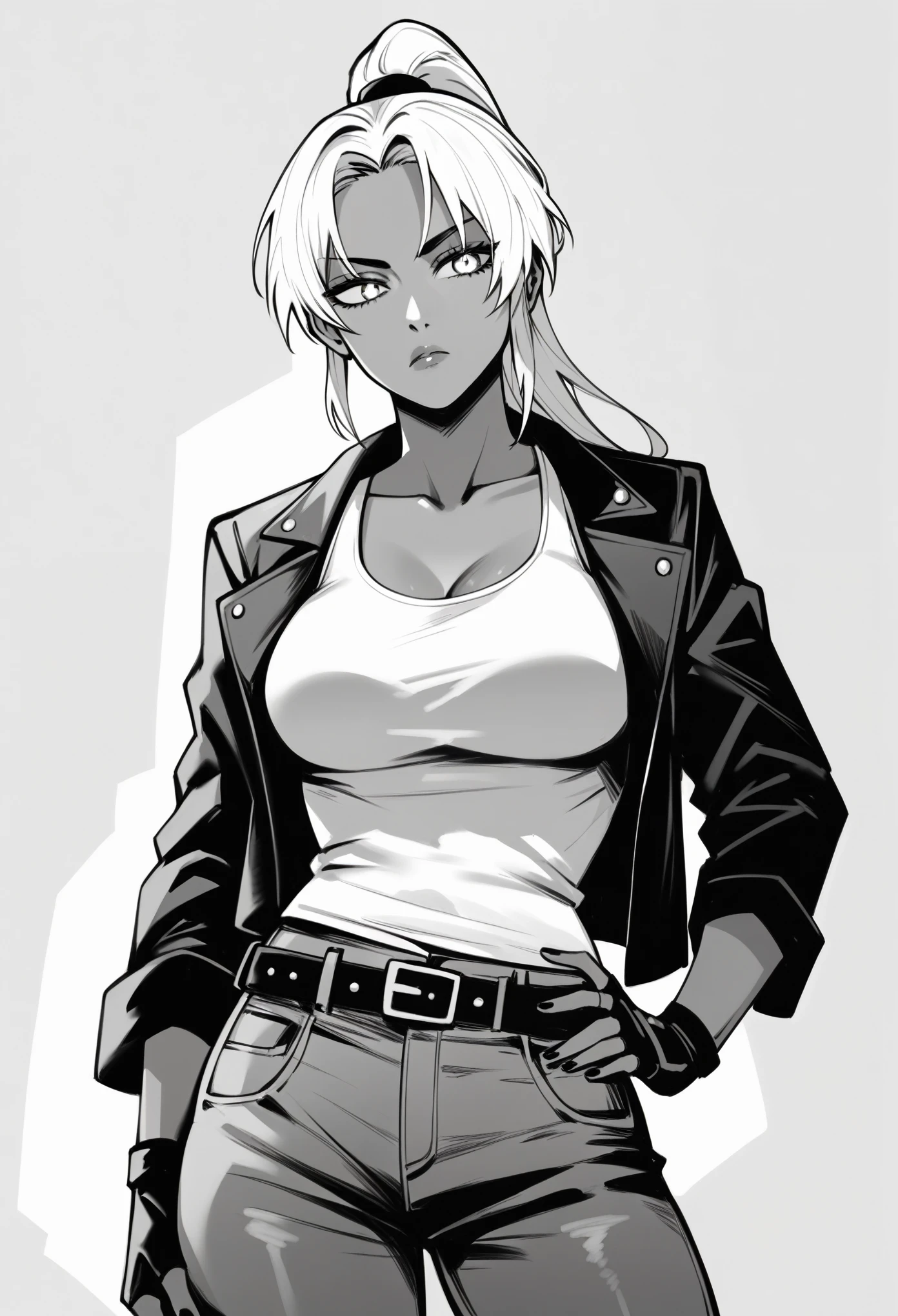 score_8_up, score_7_up, 1girl, solo, hand on hip, dark-skinned female, wearing (_top, black jacket, jeans, belt, fingerless gloves), medium breasts, high ponytail, parted lips, monochrome, tank top, frown, closed mouth, perfect mouth, perfect lips, 4K resolution, perfect lighting, perfect colors, perfect perspective, balanced composition,High quality,
