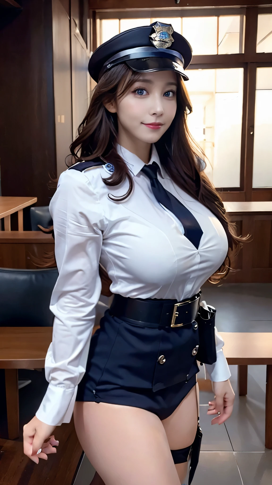 (((pink collared police officer shirt))),(((bare side breast))),(((bare inner thigh and pink over-kneehighs))),(((show pink panty))),(((wear a pink tie and cleavage pink cutout))),(((wear a regulation pink police cap and pink satin miniskirt lift:1.5))),(((bare shoulders and detached sleeves))),ulzzang-6500-v1.1, (Raw photo:1.2), (Photo realistic:1.4), a beautiful detailed girl, extremely detailed eye and face, beautiful detailed eyes, ultra-detailed, High resolution, top-quality, masterpiece, highly detailed, 8k wallpaper, Wonderful, finely detail, top-quality, Light on the face,电影灯光,1girl in,(prison bedroom),Beautiful eyes,smile,Opening Mouth