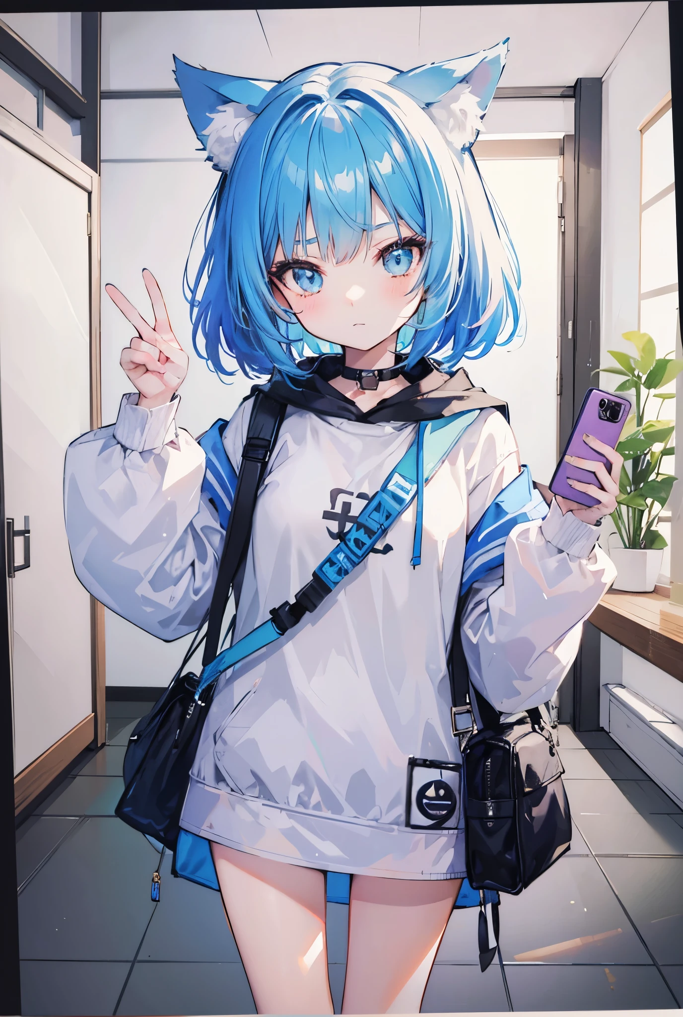 1girl, standing portrait, Central Focus, Centered, Fully in-frame, Solo, Standing still, zoomed out, cat whiskers, posing for a selfie
Gender: female
Appearance: selfie, short light-blue kawaii hair, cat ears, trendy modern anime outfit, livestreamer, Tokyo style, stylish techie accessories, Vtuber, kawaii and popular, holding a phone