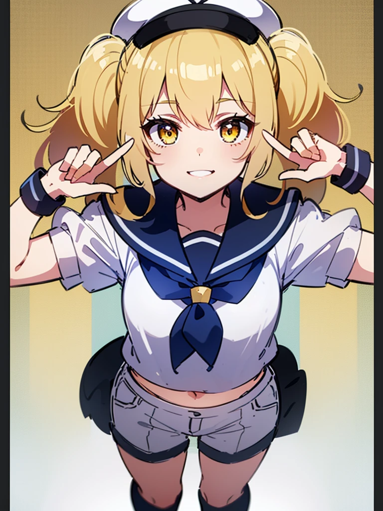 Twin-tailed golden-haired girl in sailor suit, Visible navel, Wear a hat and pants.a drawing of an anime character, clean line drawings, ultra cute girl, ultra cute face, ultra detailed eyes, ultra detailed hair, ultra cute, ultra beautiful, ((high end)), (UHD picture), (best quality,4k,8k,highres,masterpiece:1.2), top-quality(​masterpiece), top-quality, ultra-detailed, highly detailed texture, intricate details, high quality textures, masterpiece, best quality, perfect quality, perfect anatomy, perfect body, perfect symmetrical face, perfect hands, perfect feet, (two arms:1.2), (two legs:1.2), (five fingers each:1.2), (perfect joint:1.2), perfect joint movement, precise fingers and hands, 1 beautiful girl, 1 girl, alone, solo, , , ((())), ((childish)), (Best Quality, hight resolution), extremely detailed and lifelike, Vibrant colors, simple background, white socks, blonde hair, hat, blue sailor collar, twintails, sailor collar, sailor hat, yellow eyes, marine costume, short sleeves, shirt, blue neckerchief, white headwear, sailor, white shirt, white shorts, neckerchief, smile, Chiyuri