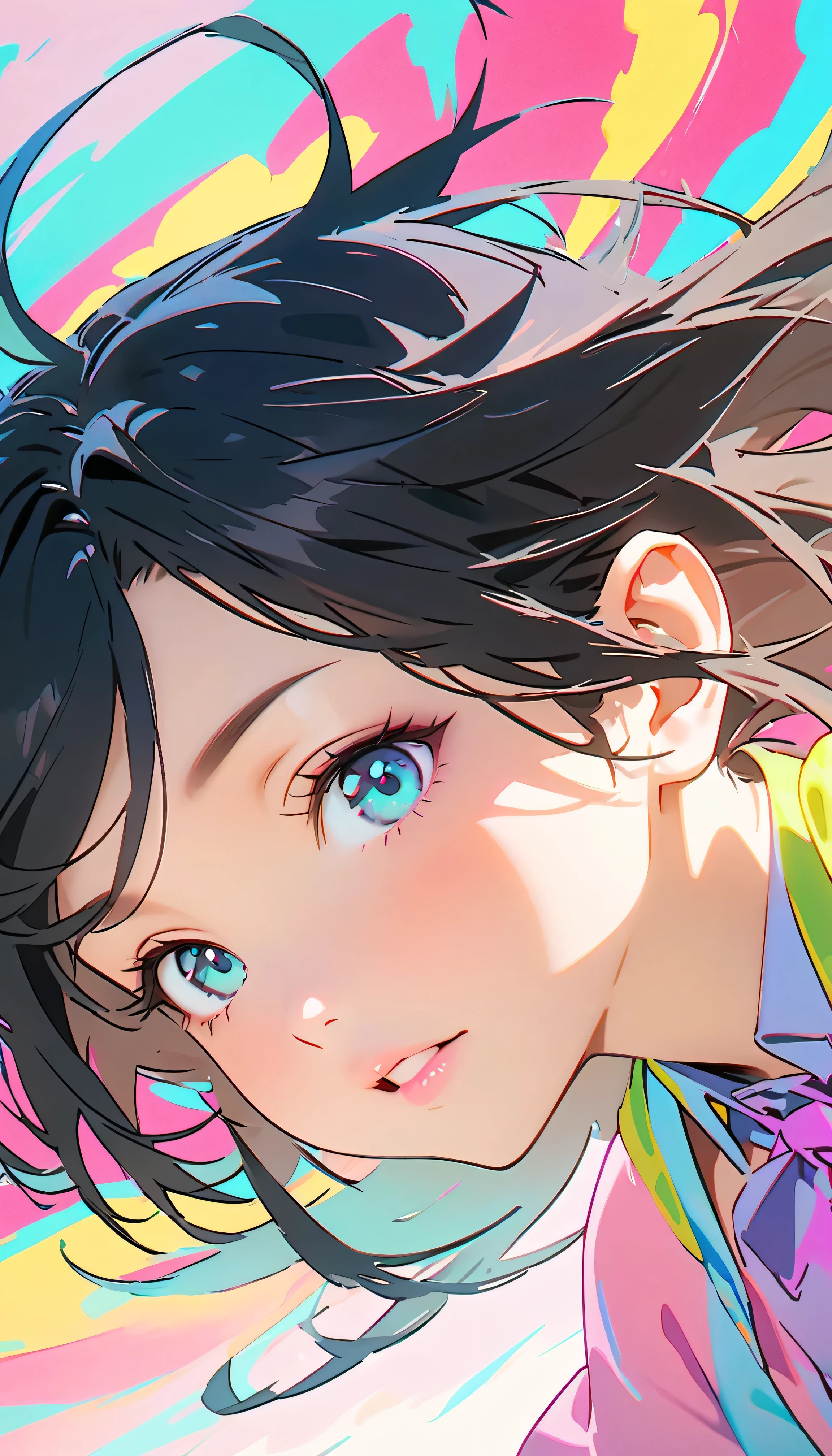 Best Quality, Very detailed, High resolution, Vibrant, masterpiece, Best Quality, Best aesthetics, One Woman, Super Fine, 8k, Very detailed, Beautiful Goddess, Pastel colored clouds, Pop Art, Delicate and dynamic, Pastel Color Fantasy, Black Hair, Official Art, Dynamic Angle