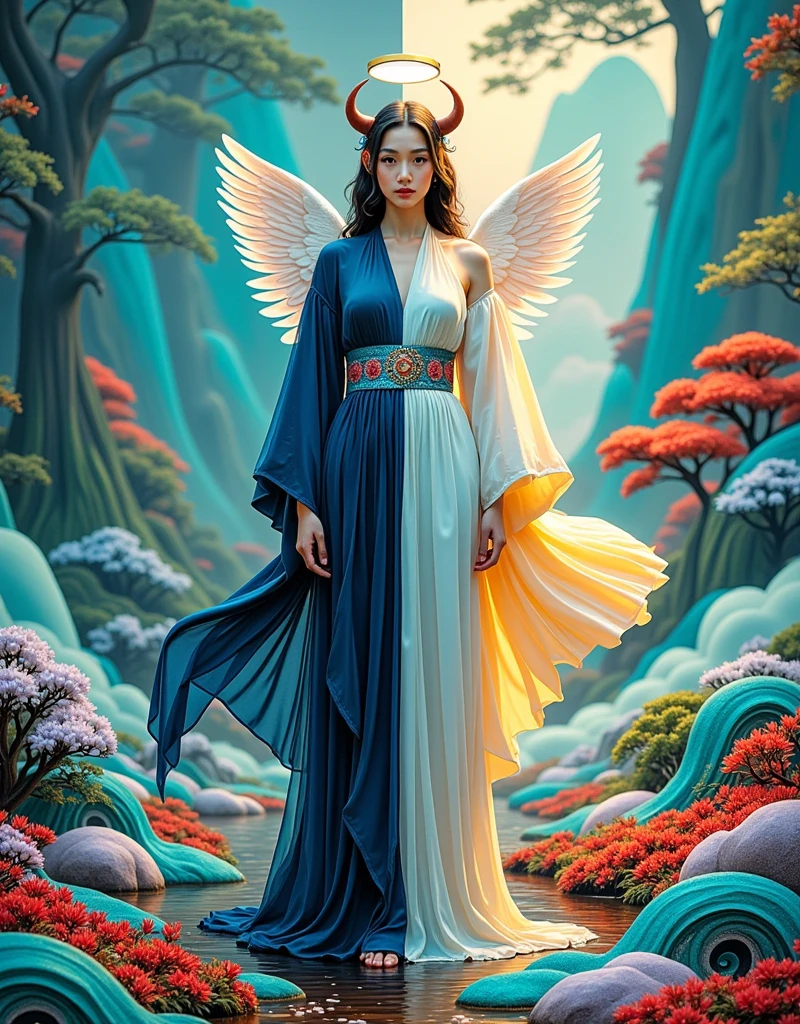 chinese girl, "A single ethereal figure split down the middle in a symmetrical composition, with one half embodying a devilish persona characterized by horns and a tail, set against a dark, misty forest backdrop with red flowers and hellish elements like embers and shadows. The other half of the figure radiates an angelic presence with a halo and wings, complemented by a bright, serene environment filled with white flowers, soft clouds, and a rainbow. The two halves merge seamlessly at the center, creating a harmonious blend of light and darkness, good and evil. The figure's expression on the devilish side is enigmatic and intense, while the angelic side displays a benevolent and tranquil demeanor. The attire flows from dark, flowing fabrics on the left to light, airy garments on the right, with a gradient of colors symbolizing the transition from one realm to another,1girl, 1ltss1