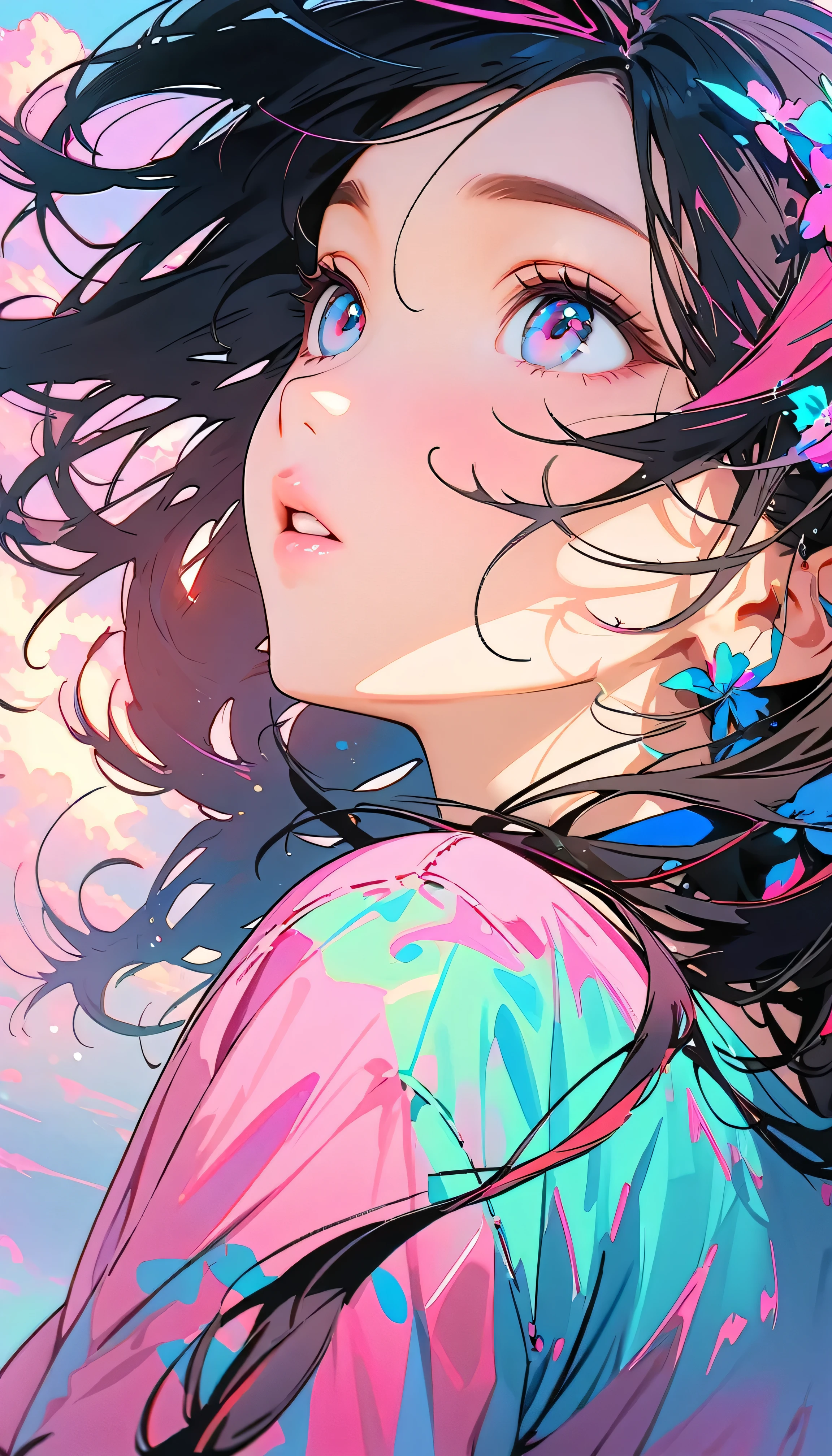 Best Quality, Very detailed, High resolution, Vibrant, masterpiece, Best Quality, Best aesthetics, One Woman, Super Fine, 8k, Very detailed, Beautiful Goddess, Pastel colored clouds, Pop Art, Delicate and dynamic, Pastel Color Fantasy, Black Hair, Official Art, Dynamic Angle