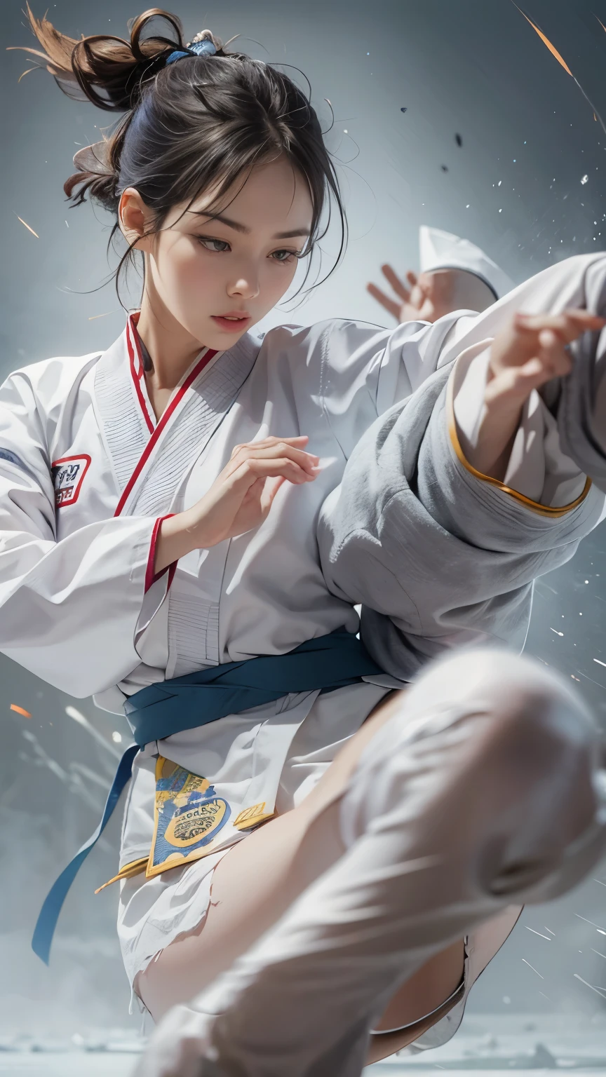 (RAW Photos:1.2), (Realistic), Beautiful detailed girl, Very detailed eyes and face, Beautiful and beautiful eyes, Large file size, High resolution, Very detailed, highest quality, [Tabletop:1.6], shape, Very detailed, The finer details, highest quality, 8K Dende Wallpaper, Cinema Lighting,Fighting arena in the background、20 year old slim and muscular woman, Female Fighter, Karate pose, Outdoor Martial Arts Tournament, hang on, Uniform, 彼女の柔Uniform, ponytail, Serious expression, The body is slim, Young Face, , Stadium