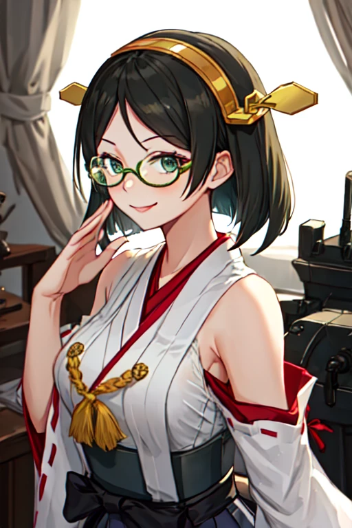 Best Quality, masterpiece, High resolution, Alone, {Kirishima_Kantai Collection:1.15}, short_hair, Glasses, black_hair, hairband, Non-traditional_Shrine maiden, Green Frame_Glasses, headgear, smile, chest, One girl, separation_sleeves, Japanese_Clothes, Watching_in_Viewers, ribbon-trimmed_sleeves, ribbon_trim, upper_body, Adjust_Glasses, Non-traditional_Priest