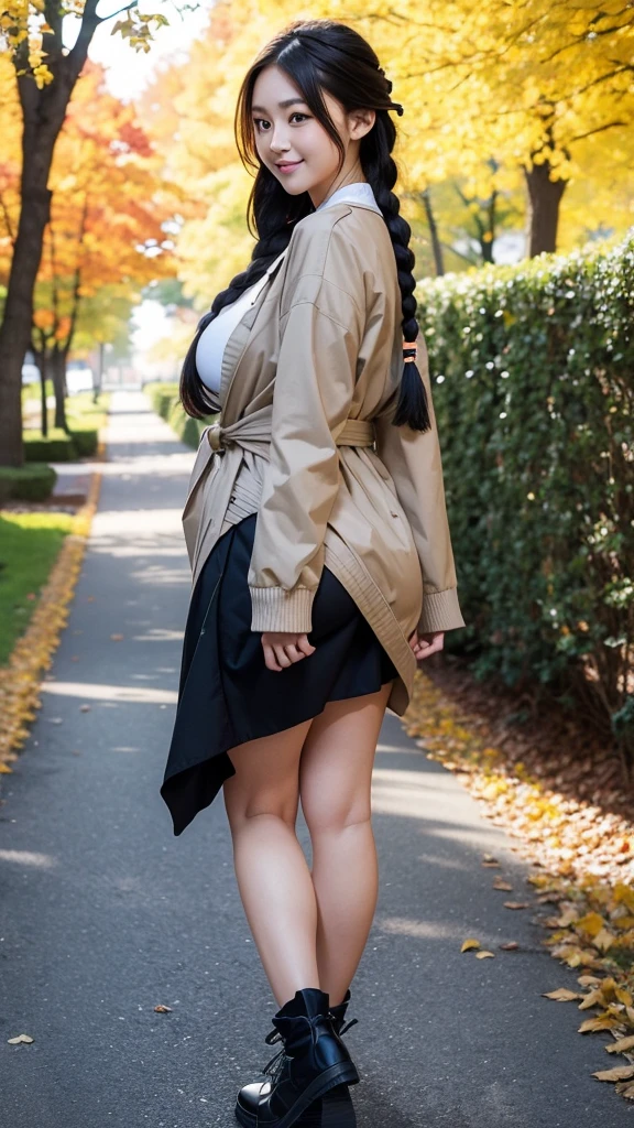 ((Lisa from Blackpink)), hoodie, pleated skirt, black tights to the waist, high heels, close-up of face, female body, full-length photo, very light skin, short hair, wavy hair, camp , forest, photorealistic, indirect lighting, volumetric light, ray tracing, hyperdetailed