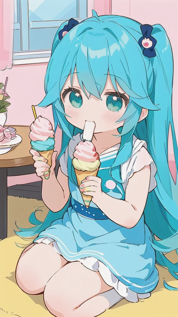 A mint ice cream scoop GIRL bunny Num with a happy expression and faint blushed cheeks. She has white stripes swirled throuhg. A chocolate bow adorns her SPARKLE; GLITTER