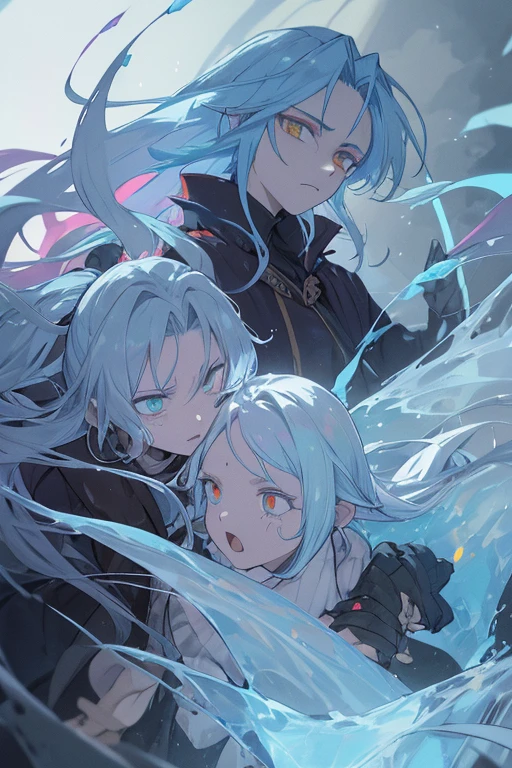 three young men, (twink), (male), (((slim body))), (slender body), (((flat chest))), slim waist, (((deep sea))), (((darkness))), ((dark background)), (((underwater))), (((deep sea fish in the background))), ((anglerfish)), (sharks), (((bioluminescence))), (glowing white eyes), ((silver white eyes)), white hair, (((white-skinned))), ((shiny skin)), (((glowing speckles on skin))), (big eyes), (pointy ears), (((making out))), hugging, (kissing)