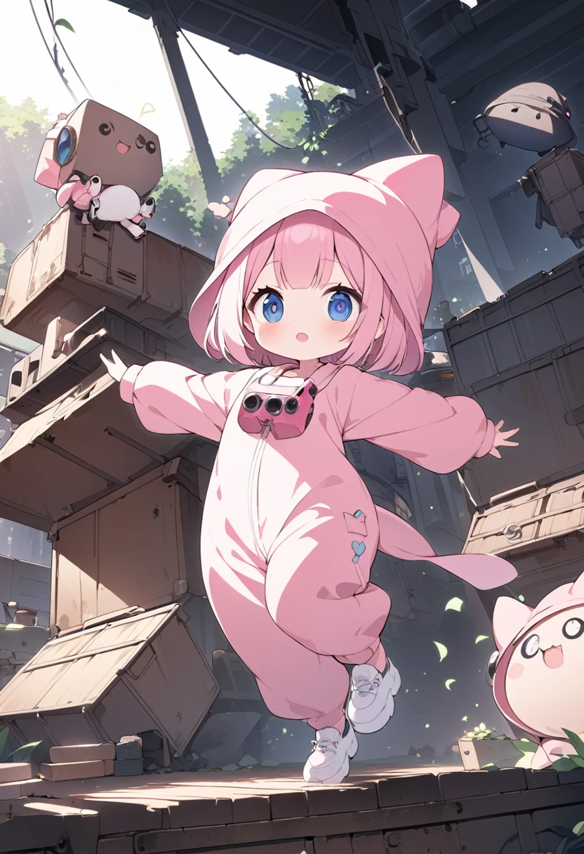 kawaii chibi character girl, cartwheeling in the air with a pink Uzi, pink bob haircut, cute big round eyes, wearing baggy pink jumpsuit, baggy hat, background wilderness, rusty freight cars, conceptual installation art, delicate and dynamic textures, contrasts of light and shadow, digital graphic CG, BREAK ultra detailed, absolutely resolution, best quality