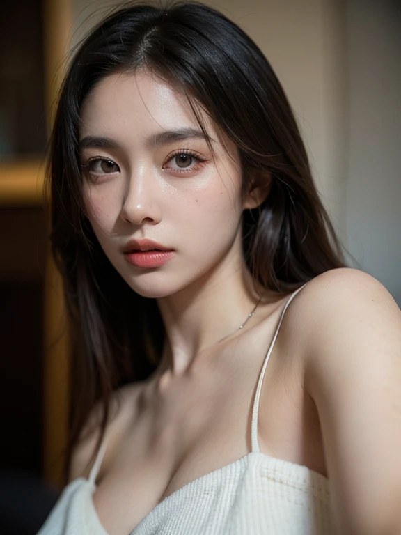 8k, best quality, masterpiece, super high definition, (realism: 1.4), original photo, (realistic skin texture: 1.3), (film noise: 1.3), (selfie angle), 1 girl, beautiful eyes and facial details, masterpiece, best quality, close-up, upper body, looking at viewer