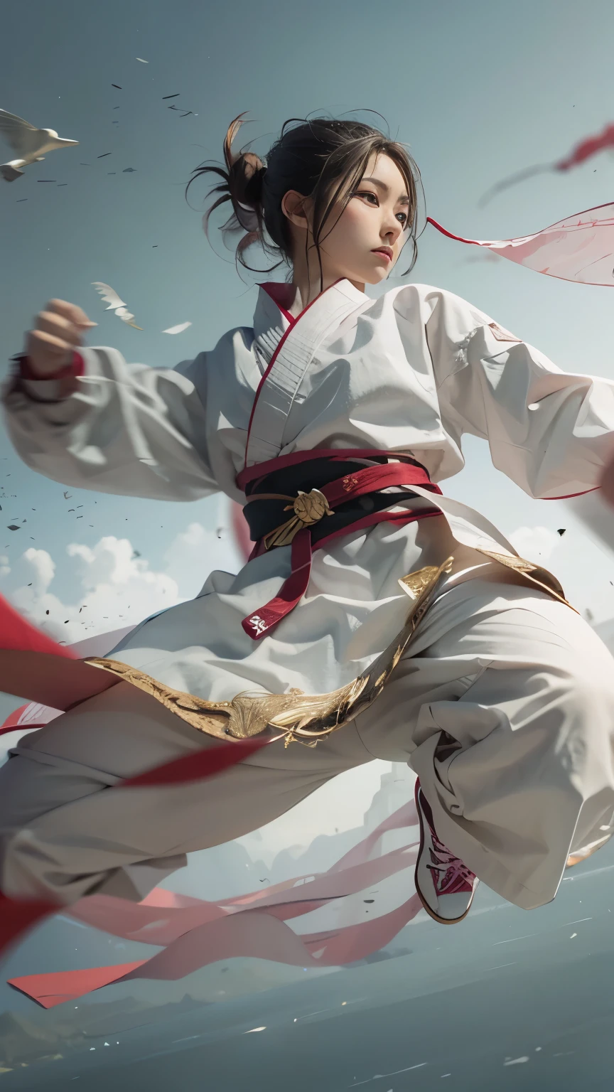8k, best quality, highres, realistic, real person, A female martial artist in a fighting tournament, captured in a dynamic pose as she performs a spectacular back spinning kick, soaring through the air. The scene emphasizes her agility and the fluidity of her movement, showcasing the elegance and power of her martial arts skills in a high-energy moment.