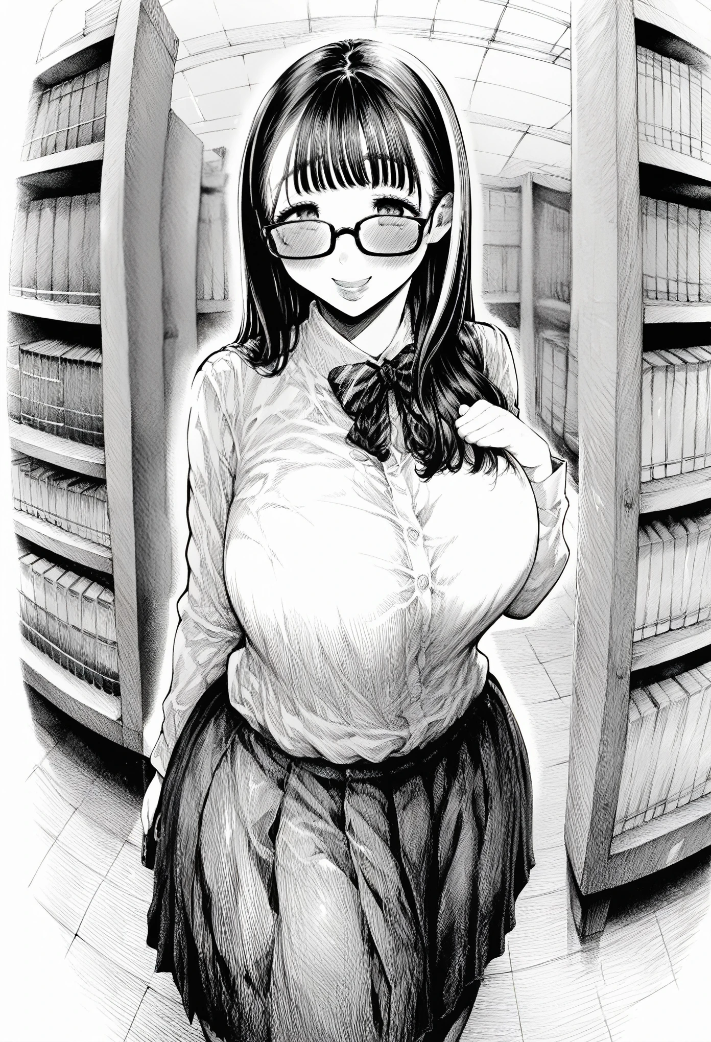 score_9, Score_8_up, Score_7,detailed, greyscale, monochrome, , hirune  style, blush, medium chest, curvy, glasses, long hair, smile, detailed library background,