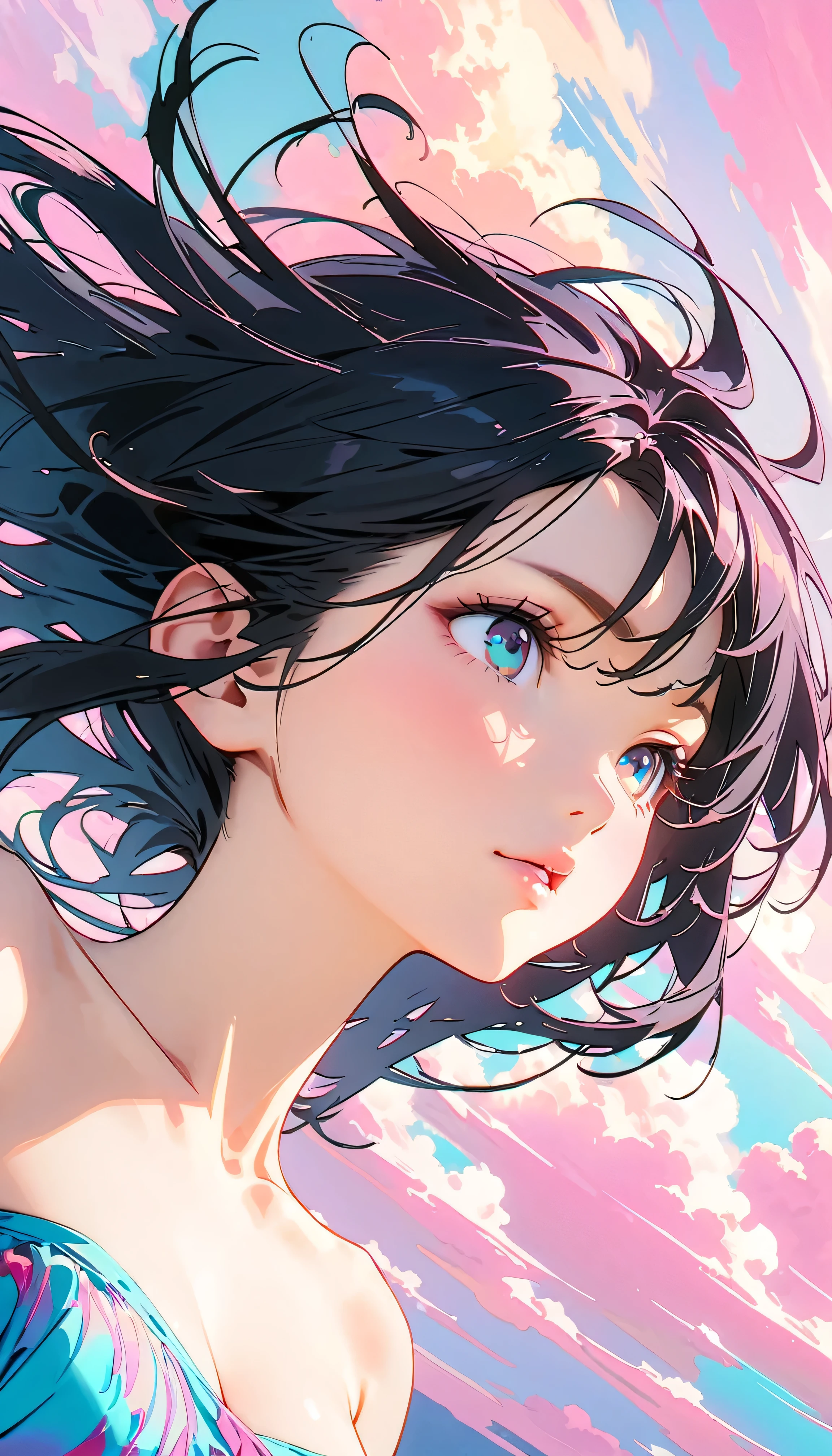 Best Quality, Very detailed, High resolution, Vibrant, masterpiece, Best Quality, Best aesthetics, One Woman, Super Fine, 8k, Very detailed, Beautiful Goddess, Pastel colored clouds, Pop Art, Delicate and dynamic, Pastel Color Fantasy, Black Hair, Official Art, Dynamic Angle