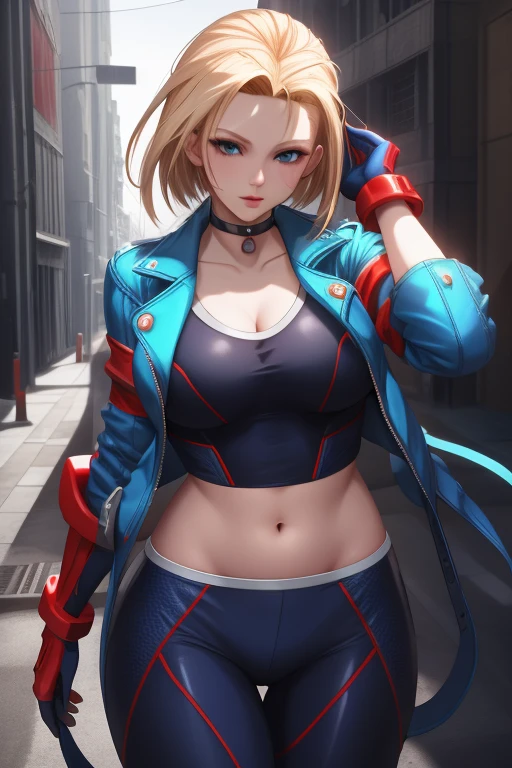 ((best quality)), absurdres, ((ultra high res)), cammy white, a woman with a blue jacket and red gloves, extremely detailed, 8k, masterpiece, official art, unreal engine,