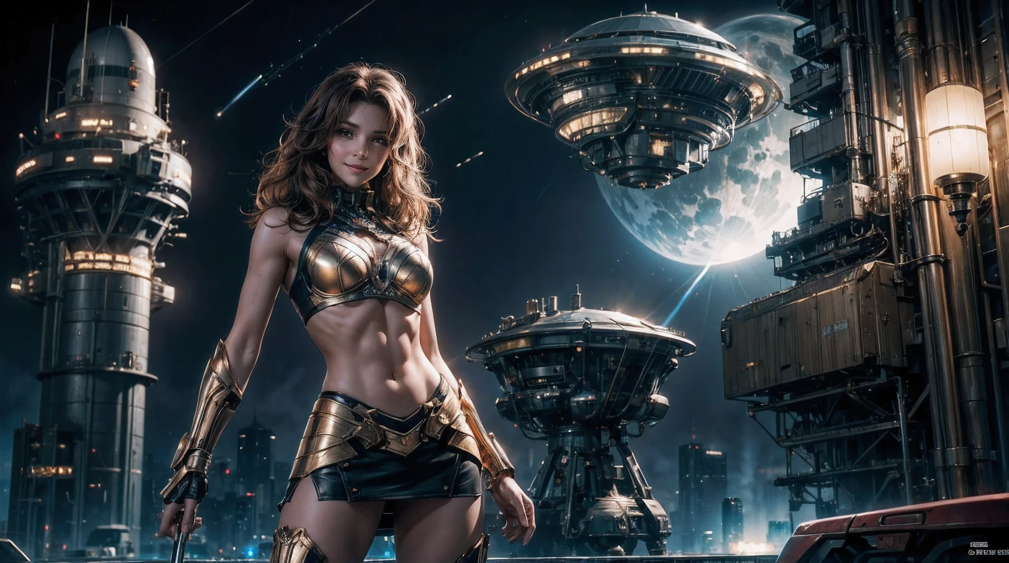 1women,  solo,  8K high Resolution,  Masterpiece,  Best Quality,  cinematic Light,  hips up,  Abs,  Perfect Figure,  Ultra Fine Face,  Delicate Lips,  Beautiful,  dewy skin,  Wavy brown hair,  super fine hand,  fine finger,  armor bra with intricate gold accents,  micro mini skirt,   detailed,  Thrilled smile,  Slim thighs,  Night,  cyber punk ruined rooftop,  cinematic pose,  standing,  in front of a space ship